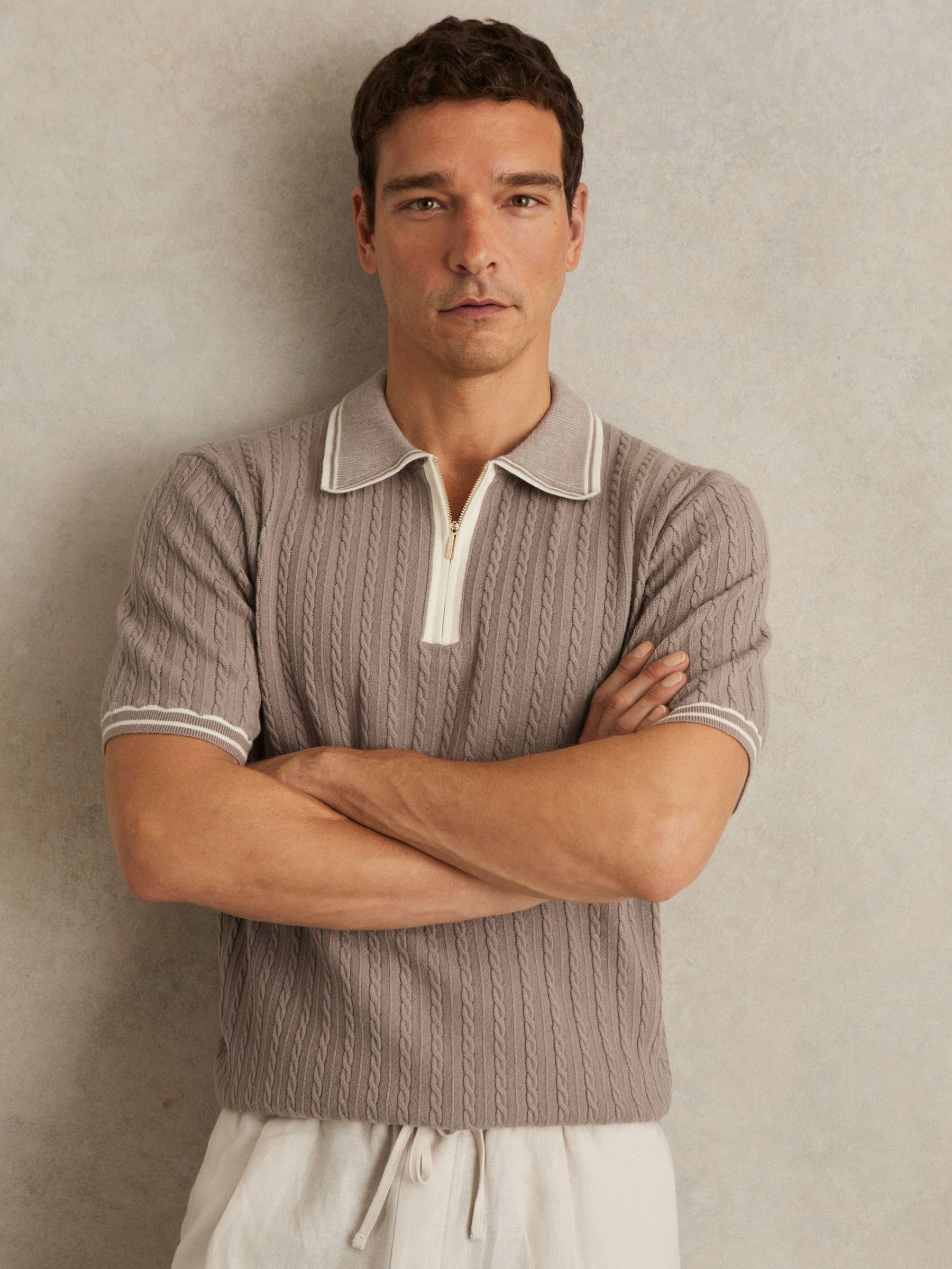 Micro-Cable Half-Zip Polo Shirt in Light Taupe Brown (W32861) | €170