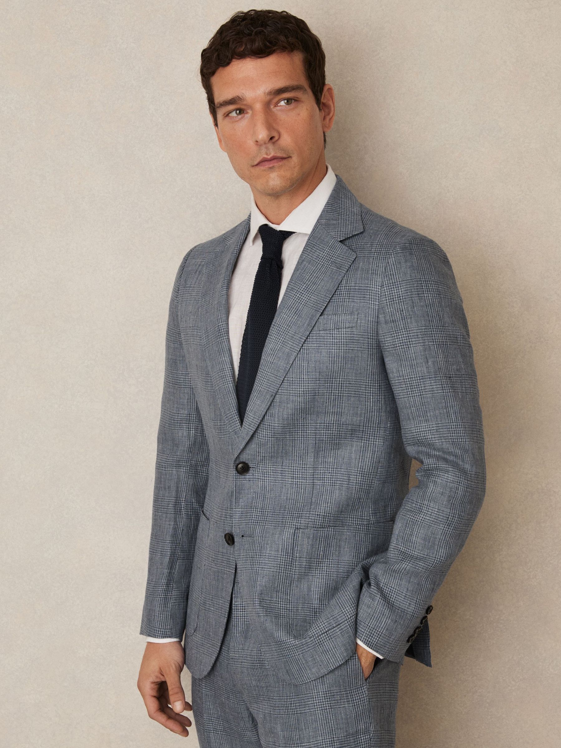 Slim Fit Single Breasted Linen Check Suit Blazer in Soft Blue (W32865) | US$545