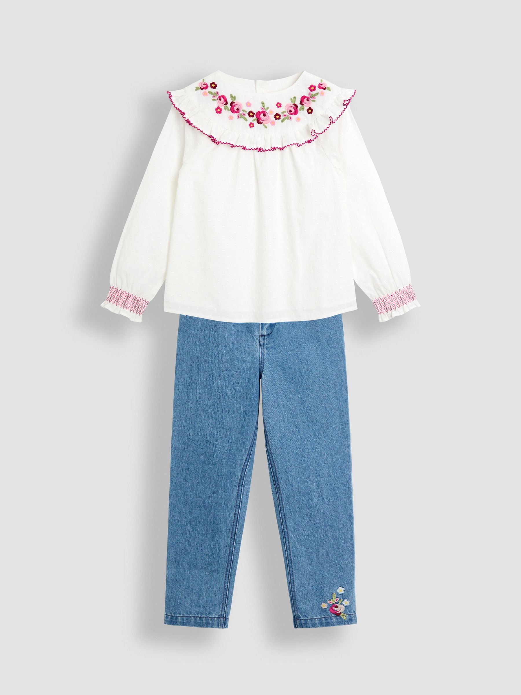 White Embroidered Blouse & Jeans Set (W33129) | $62 - $65
