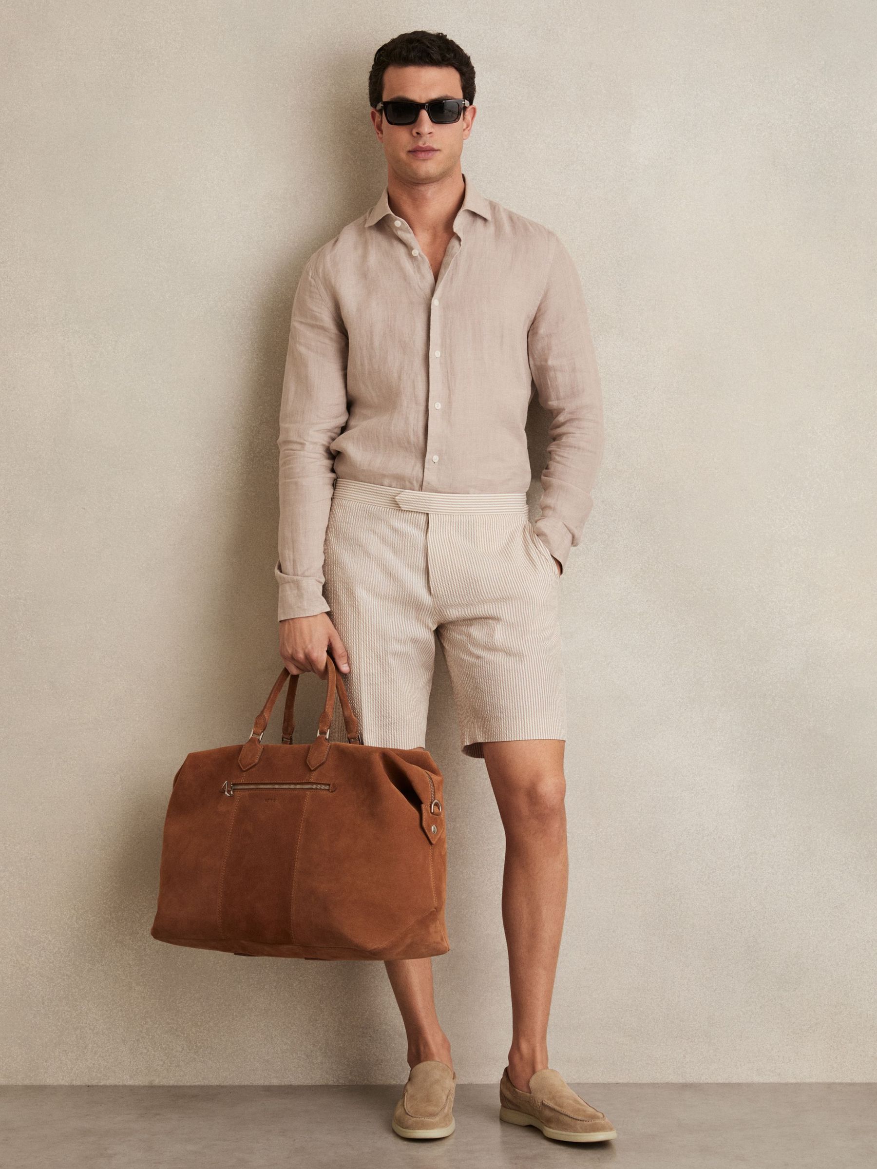 Seersucker Stripe Tailored Shorts in Oatmeal/White (W33487) | US$190