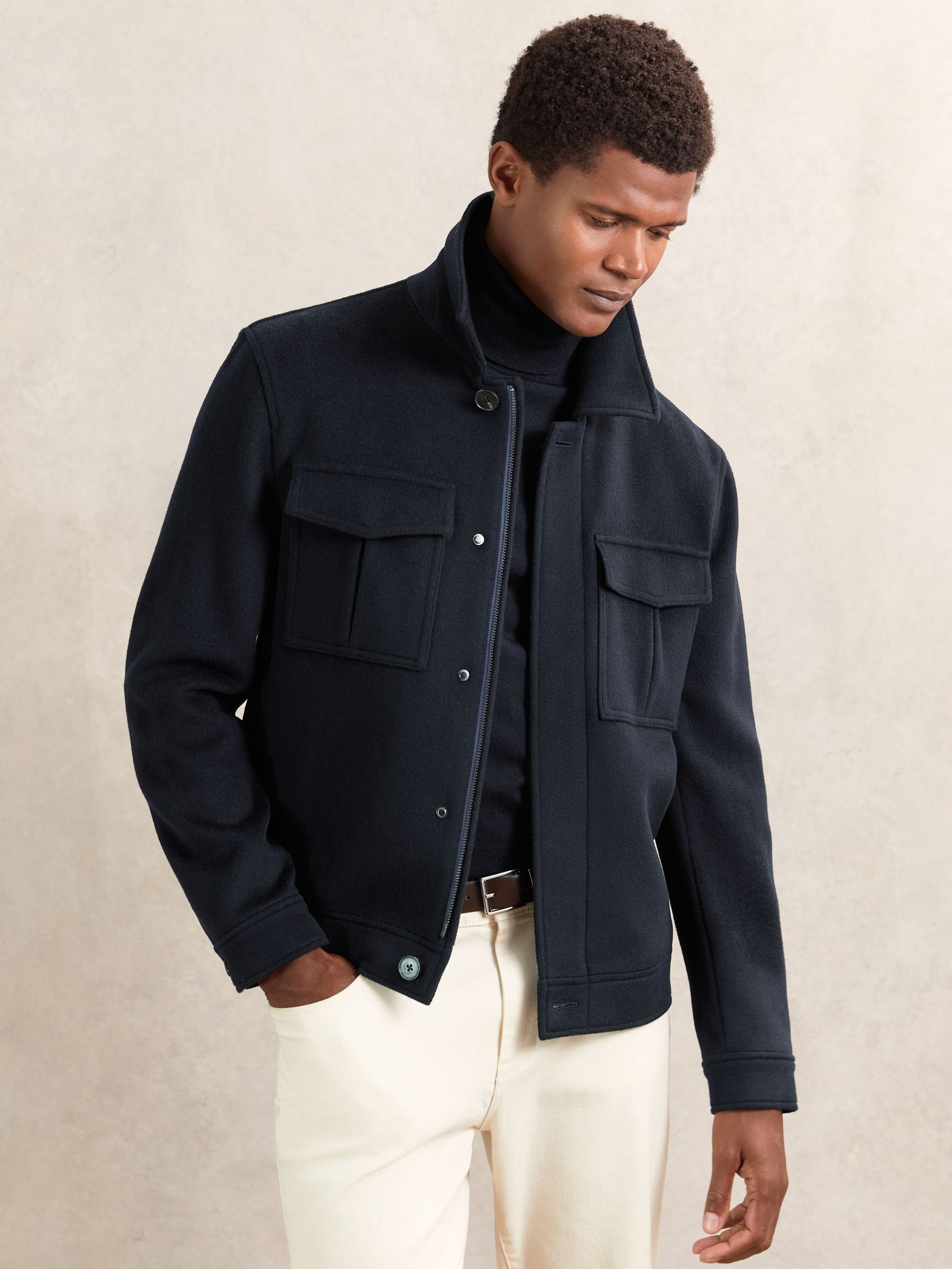 Wool Blend Twin Pocket Zipped Jacket in Navy (W33494) | $490