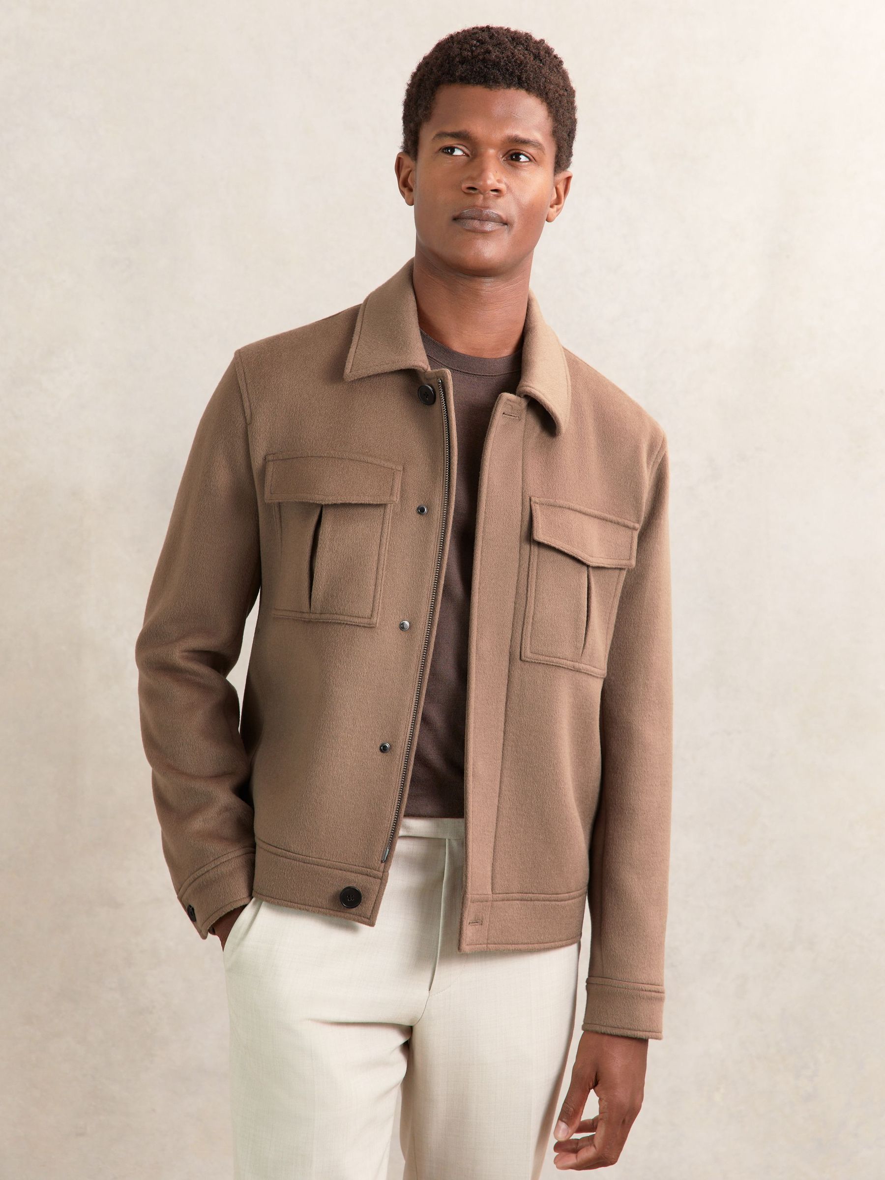 Wool Blend Twin Pocket Zipped Jacket in Dark Brown (W33495) | $490