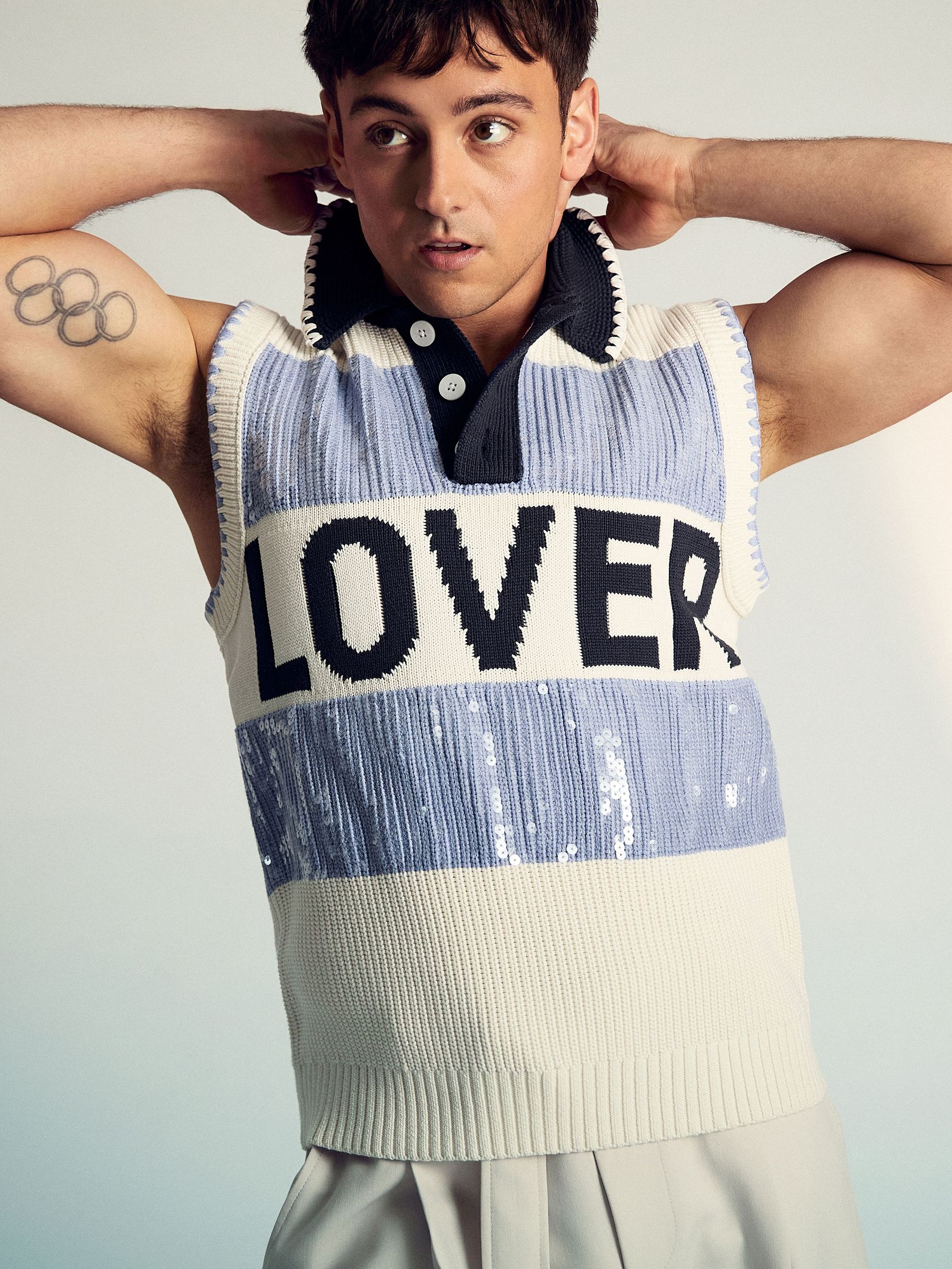 Reiss | Tom Daley Stripe Polo Vest in Soft Blue (W34189) | US$240