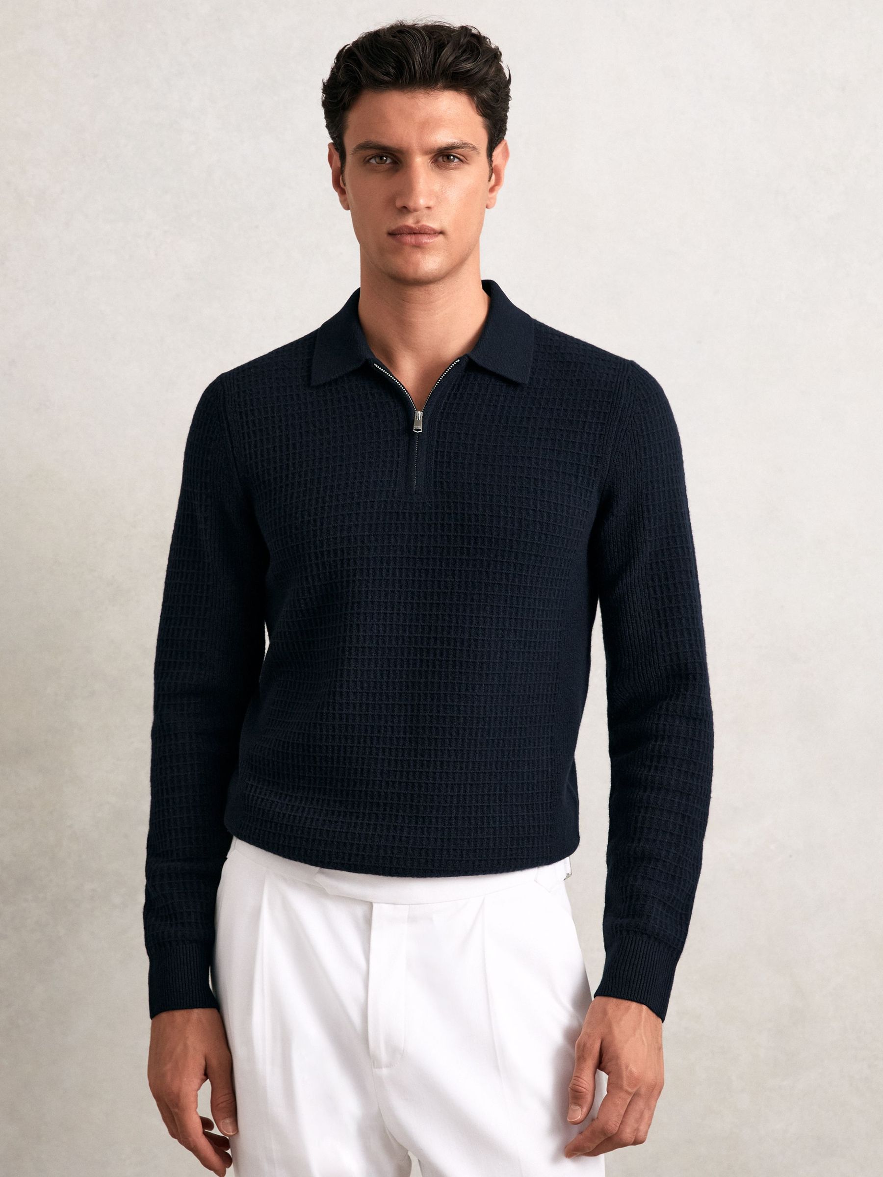 Wool Waffle-Knit Half-Zip Polo Shirt in Navy (W38457) | CA$230