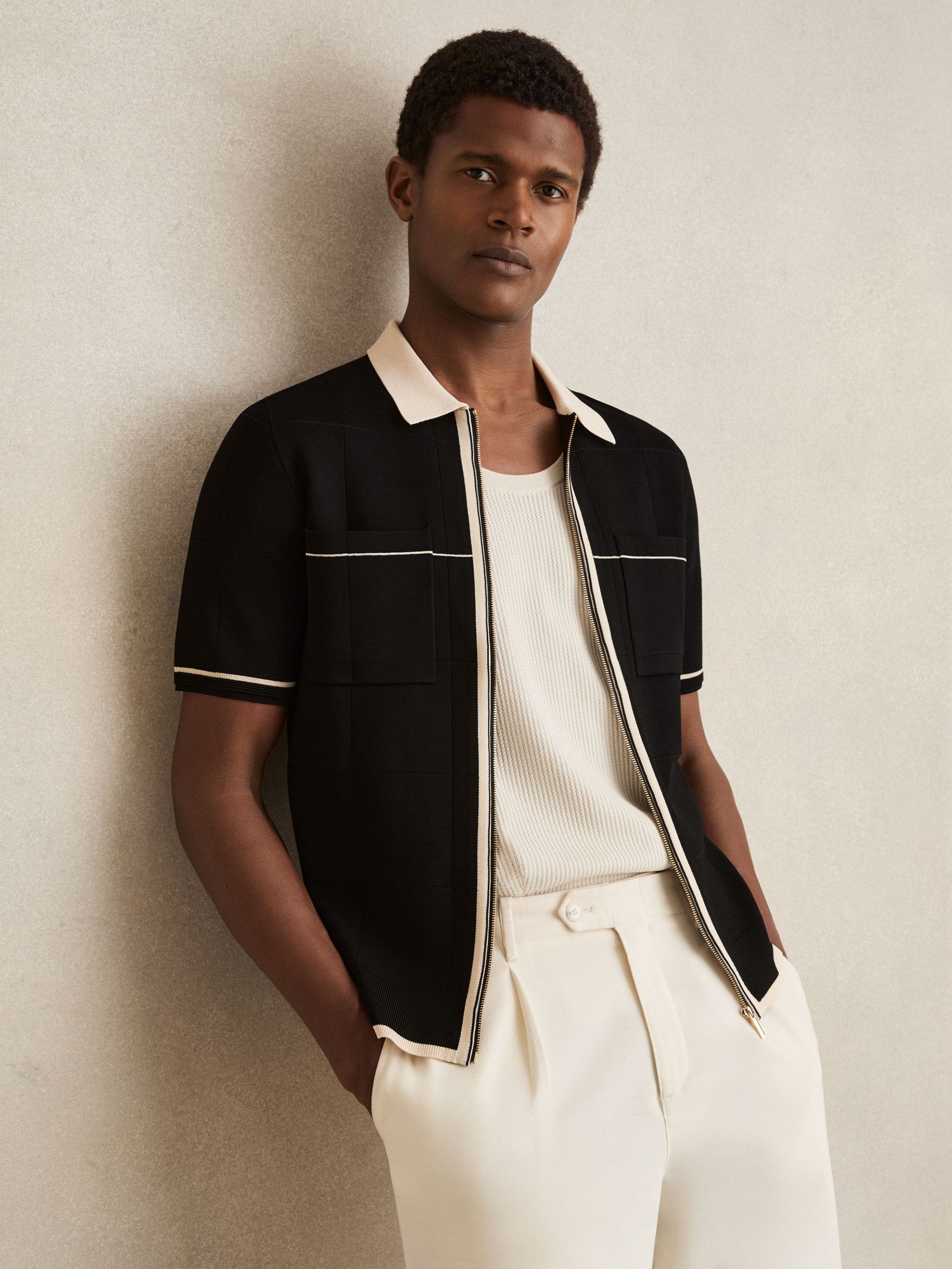 Compact-Knit Tipped Zip-Through Shirt in Black/Stone (W38463) | €195