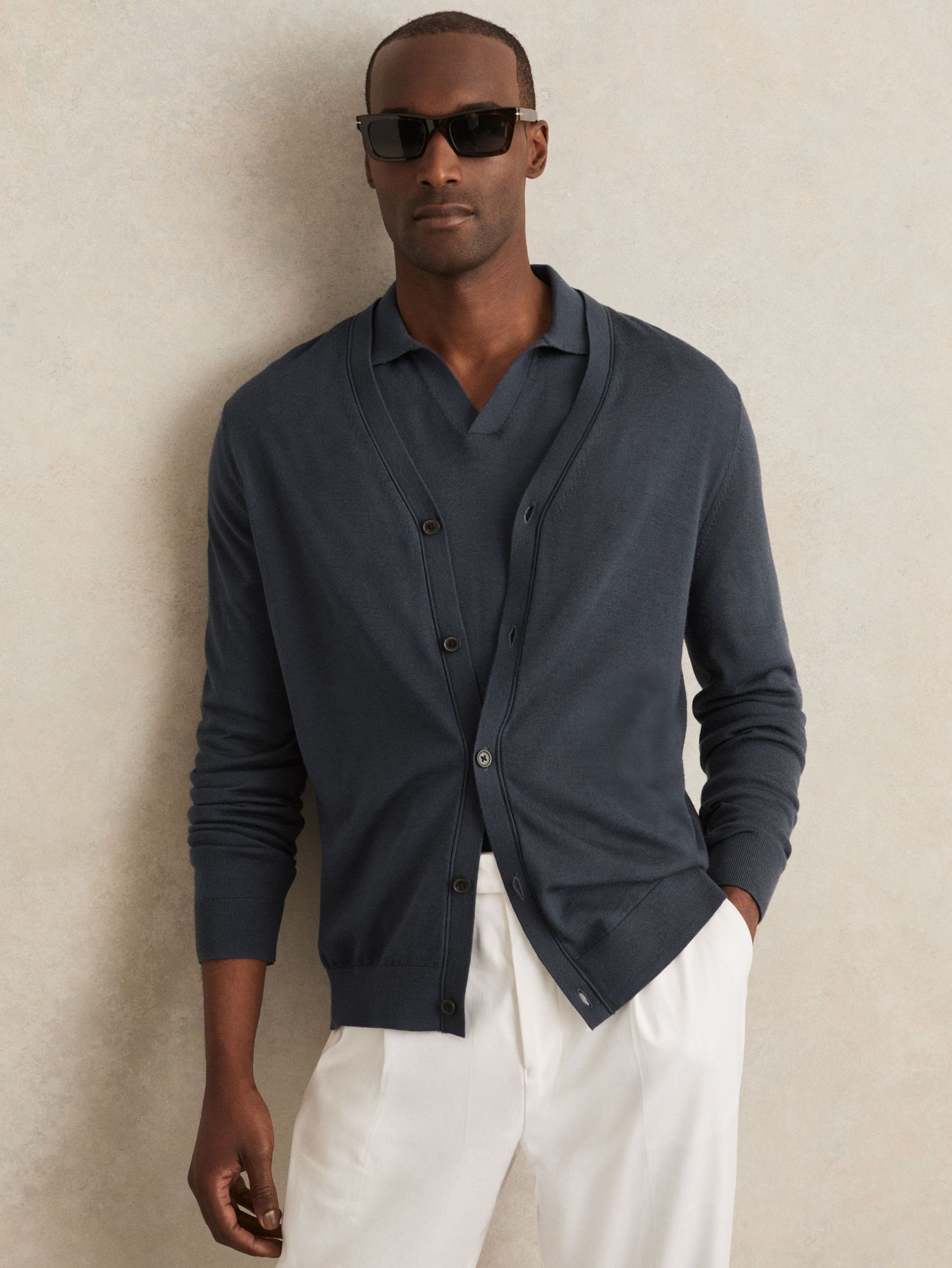 Merino Wool Button-Through Cardigan in Midnight Navy (W40412) | 535 QAR