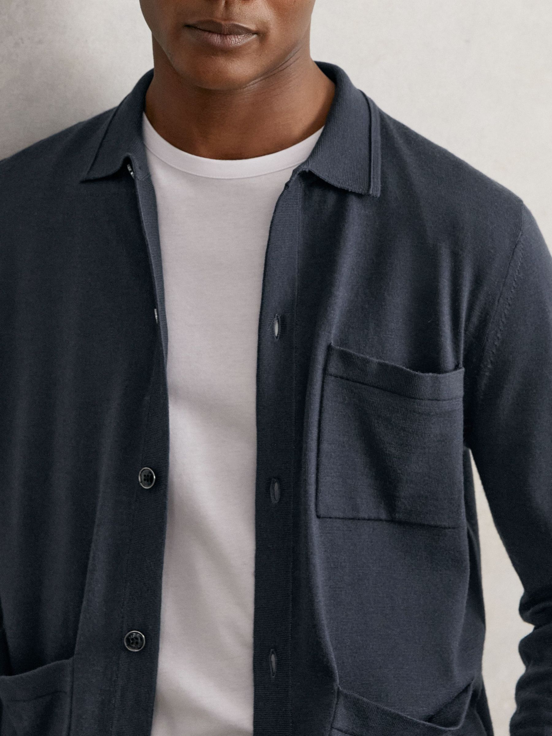 Merino Wool Button-Through Shirt in Midnight Navy (W40414) | $260