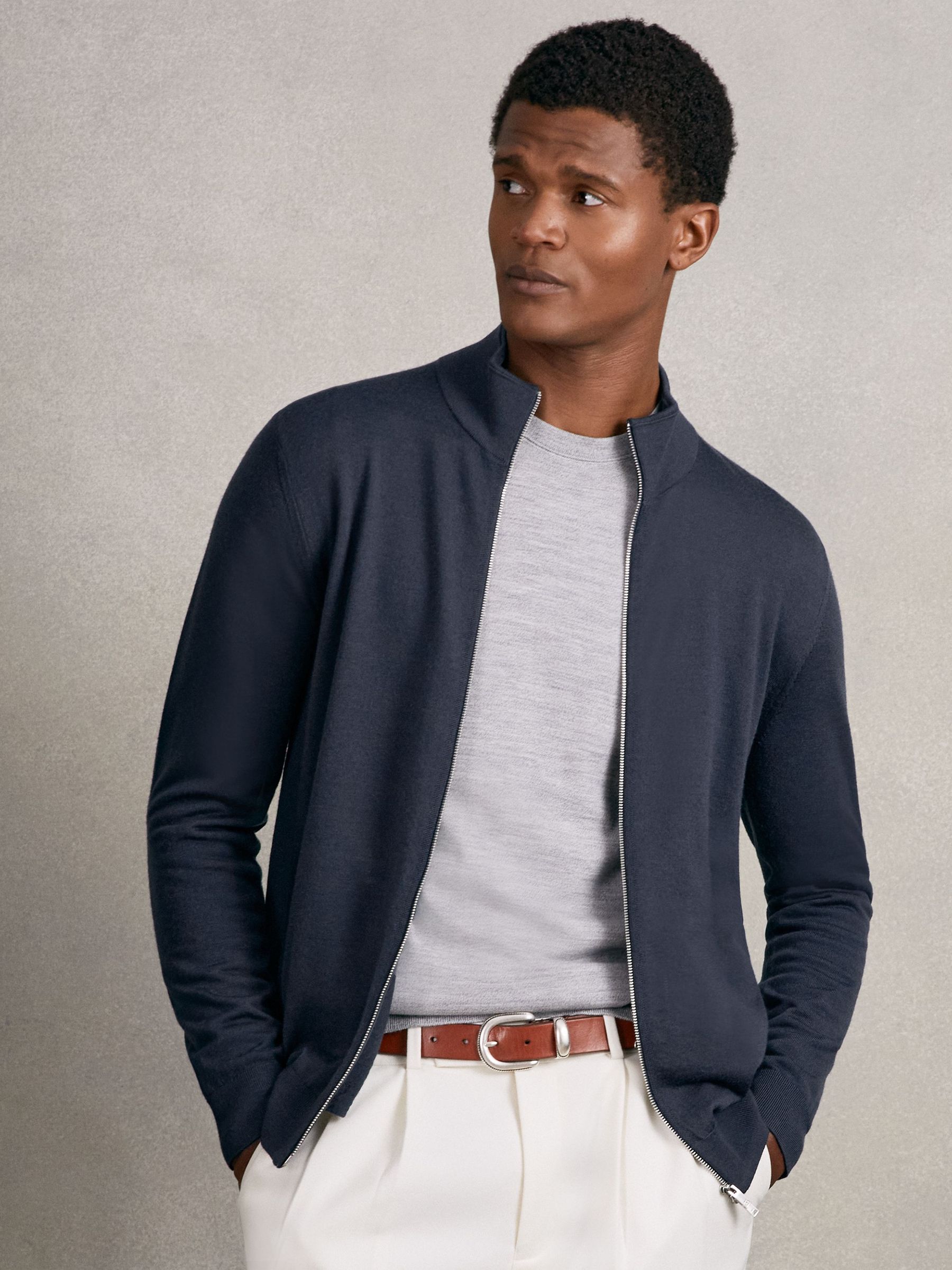 Merino Wool Zip Through Cardigan in Midnight Navy (W40417) | 155 €