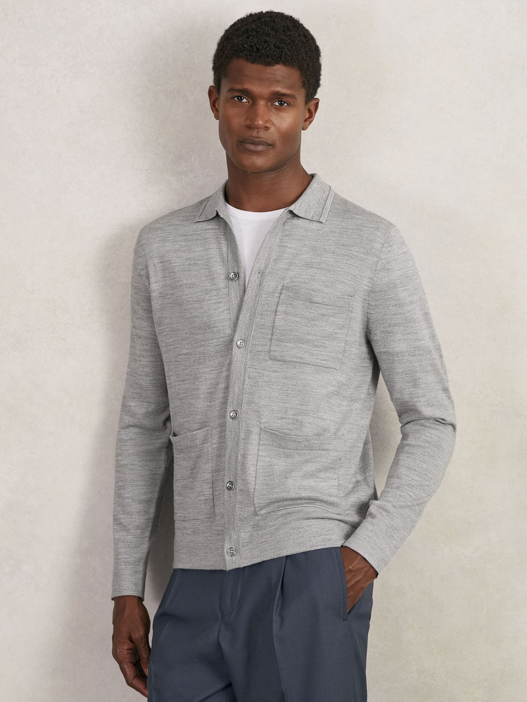 Merino Wool Button-Through Shirt in Soft Grey Mouline (W40434) | 700 QAR