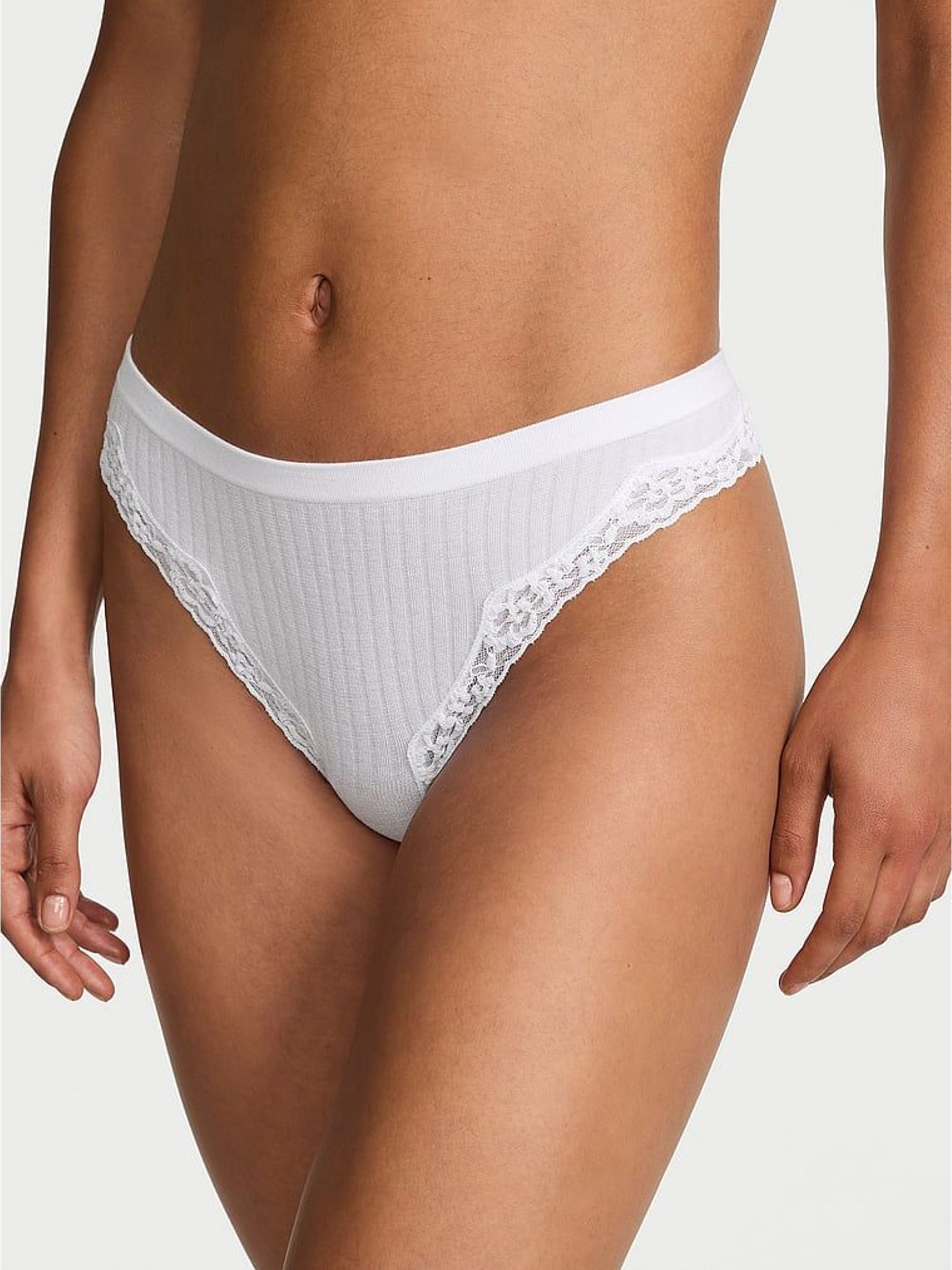 White Thong Rib Lace Trim Knickers (W41200) | €11.50