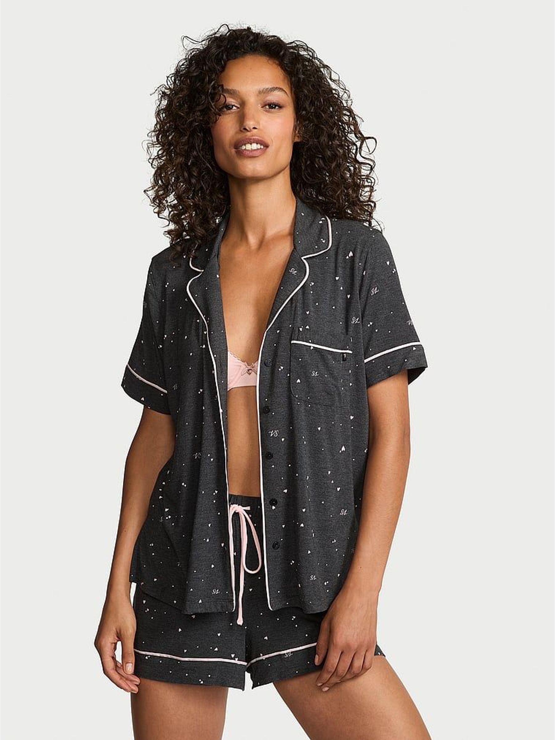 Charcoal Heather Grey & Pink Hearts Modal Short Pyjamas Set (W41207) | €69