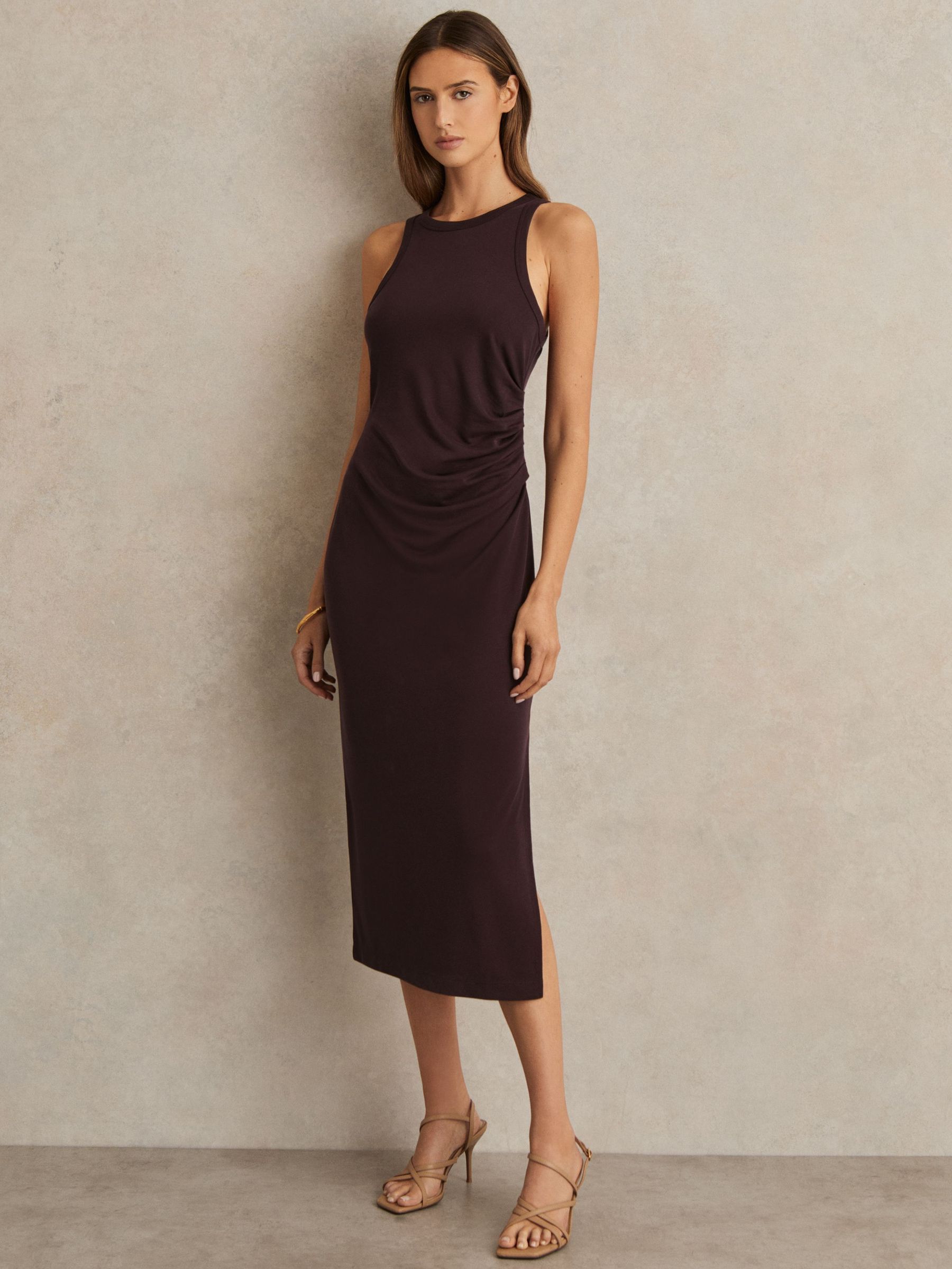 Jersey Ruched Racer Midi Dress in Burgundy (W43533) | US$160