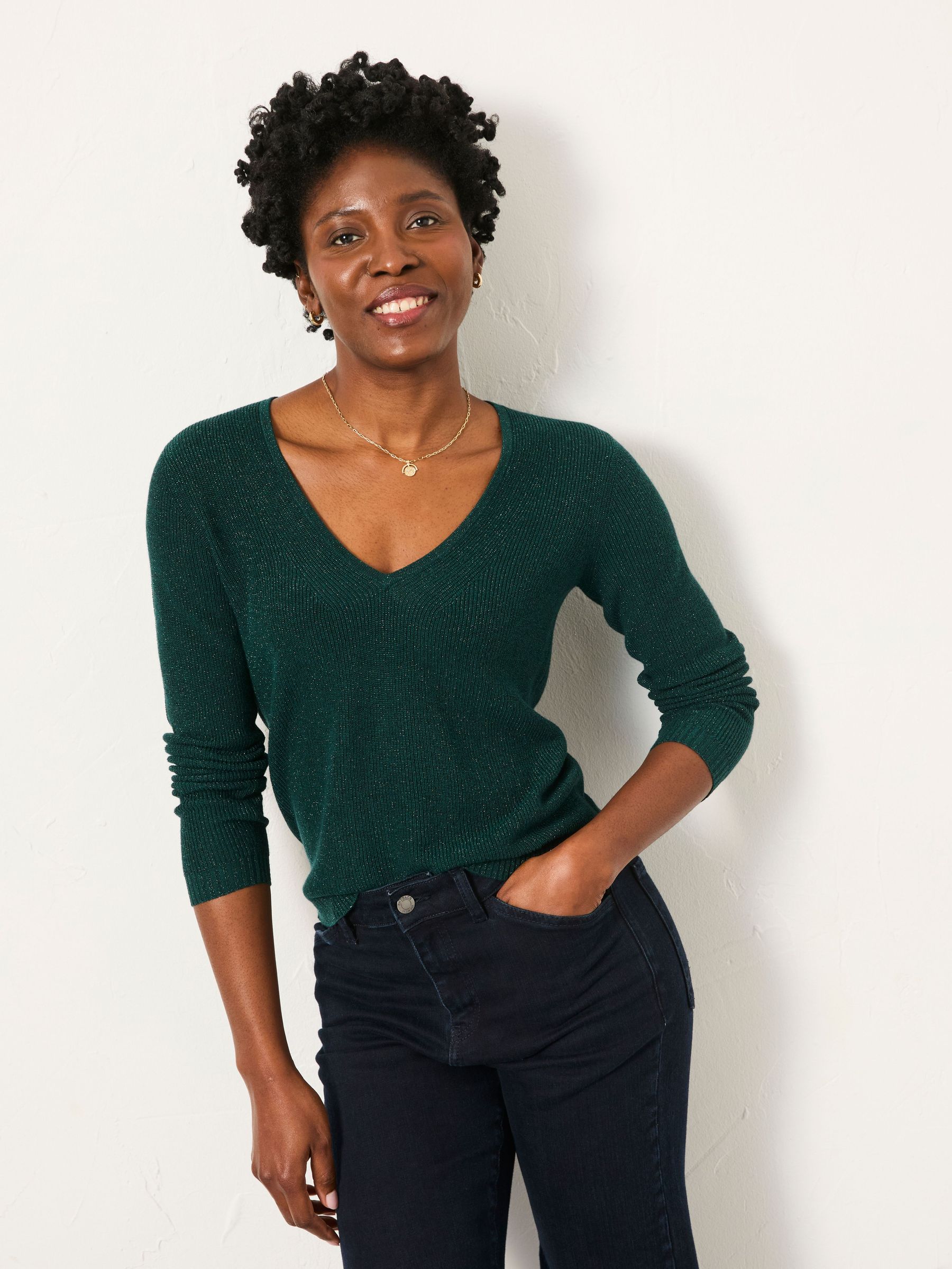Ada Dark Teal Sparkle V Neck Knitted Jumper (W43662) | $85