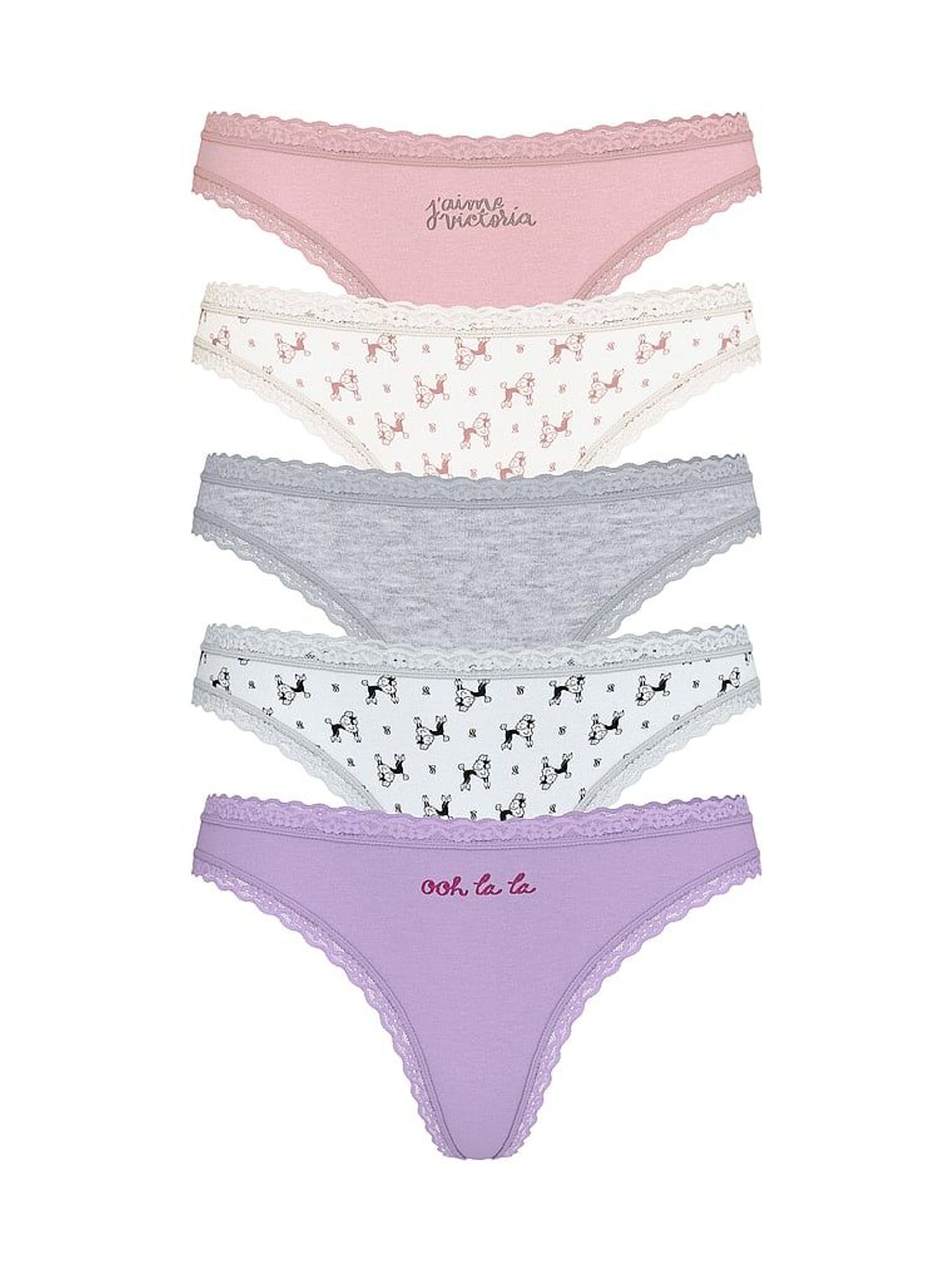 Pink/White/Grey/Blue/Purple Thong 5 Pack Cotton Lace Trim Knickers (W45583) | €32
