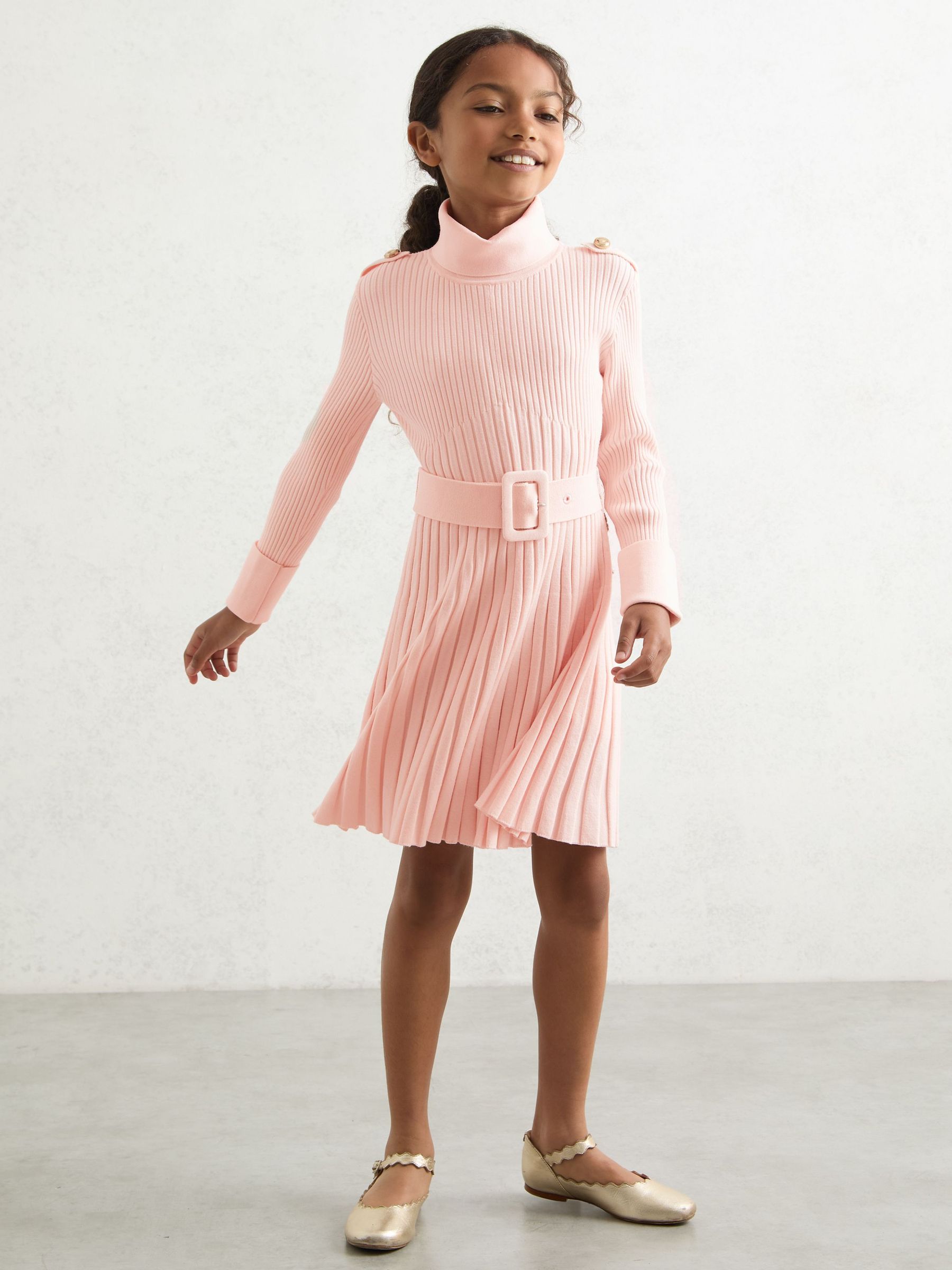 9-13 yrs Rib-Knit Roll-Neck Belted Dress in Pink (W46091) | Kč2,525