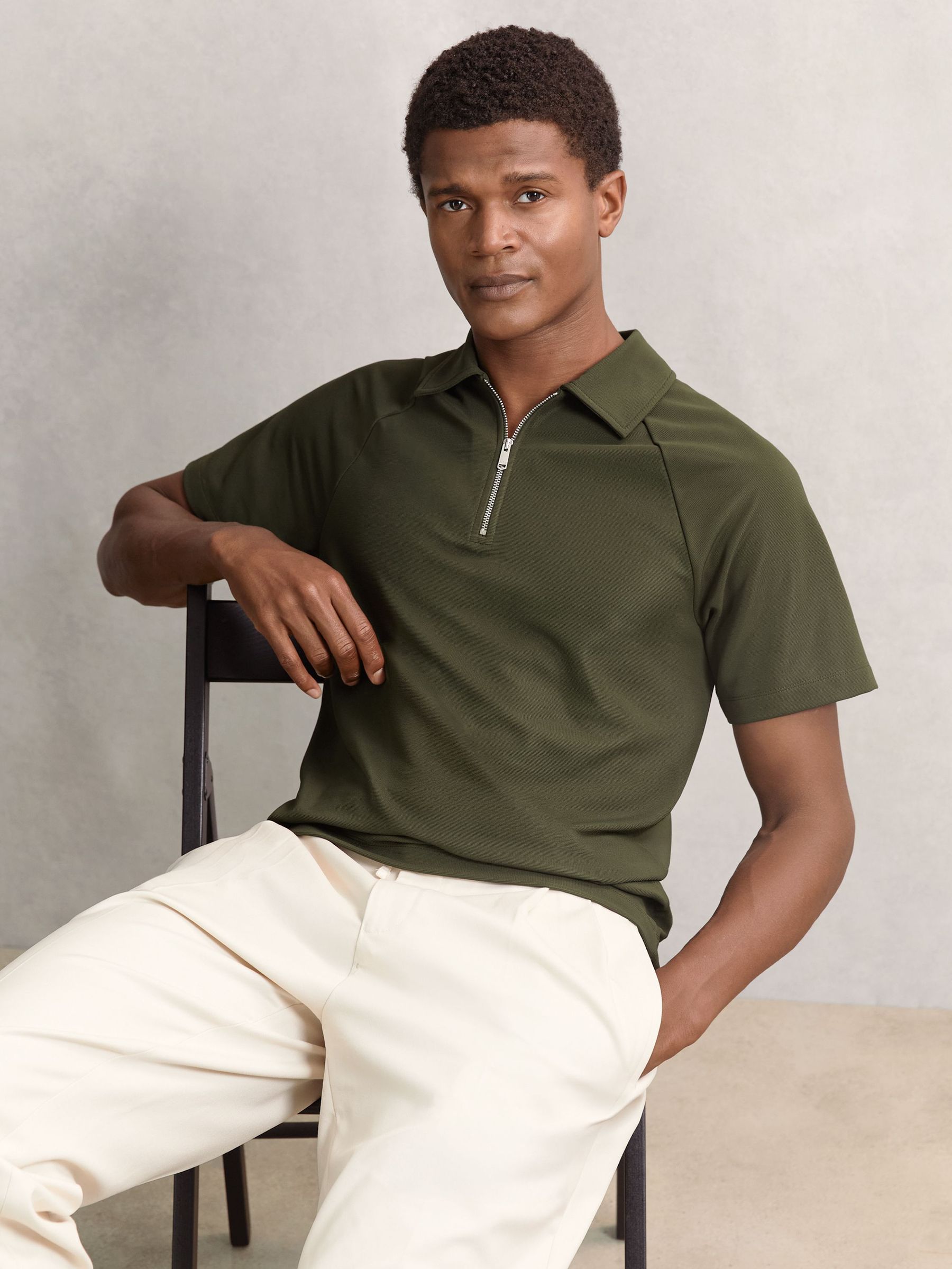 Textured Raglan Half-Zip Polo Shirt in Green (W46547) | 425 QAR