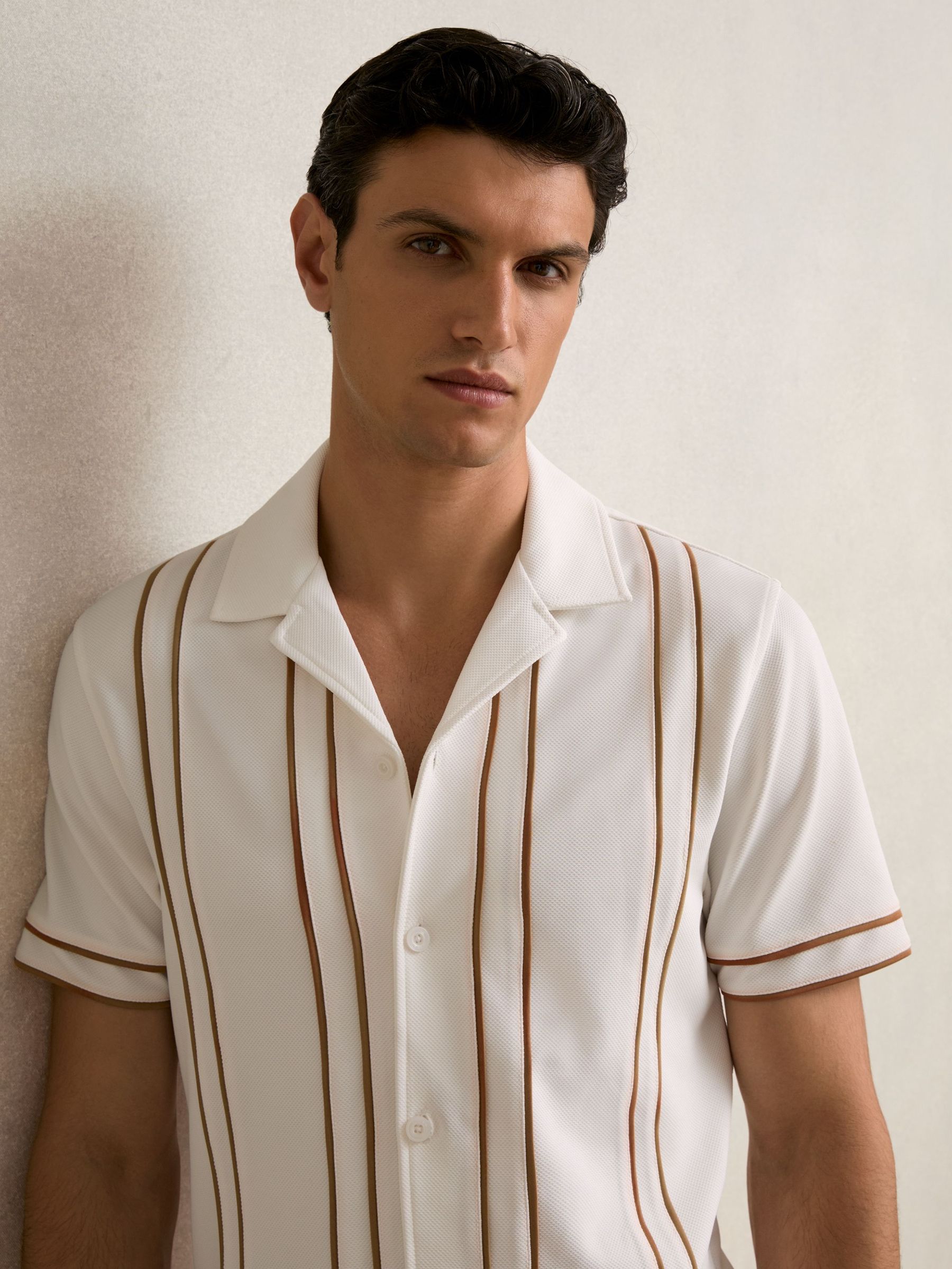 Piped-Stripe Cuban-Collar Shirt in White/Camel (W46552) | CHF 125