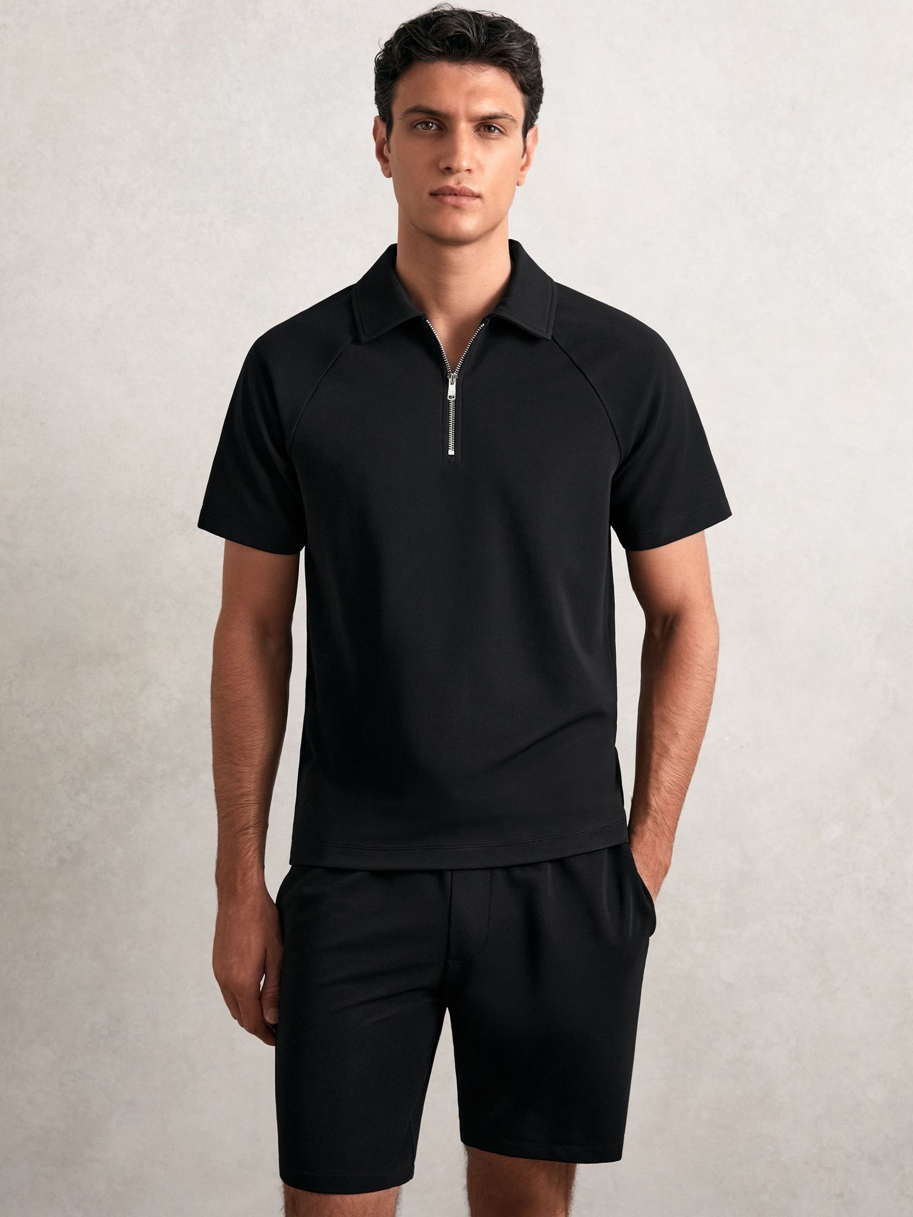 Textured Raglan Half-Zip Polo Shirt in Black (W46560) | $135