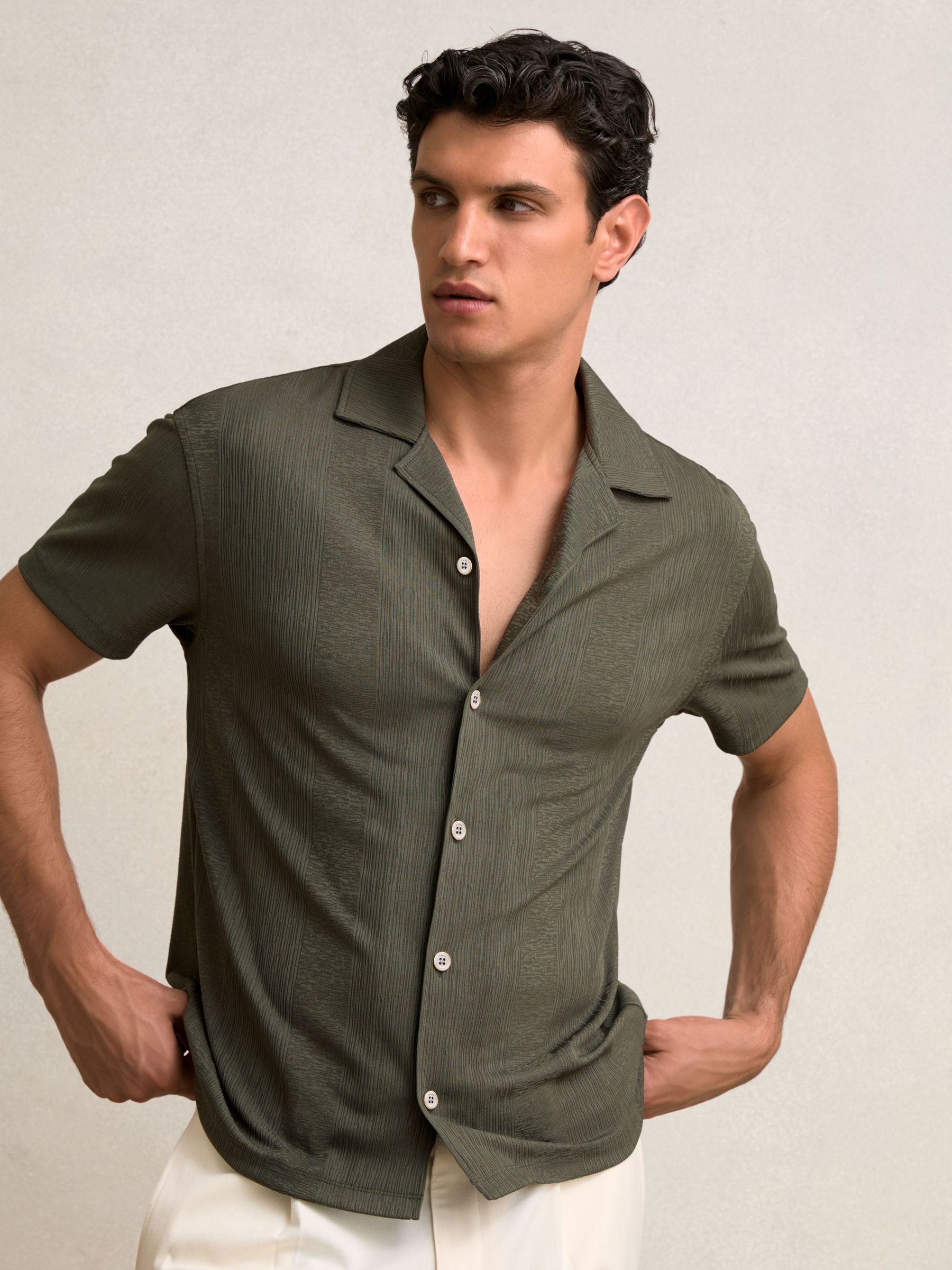 Jacquard-Stripe Cuban-Collar Shirt in Dark Green (W46572) | €95