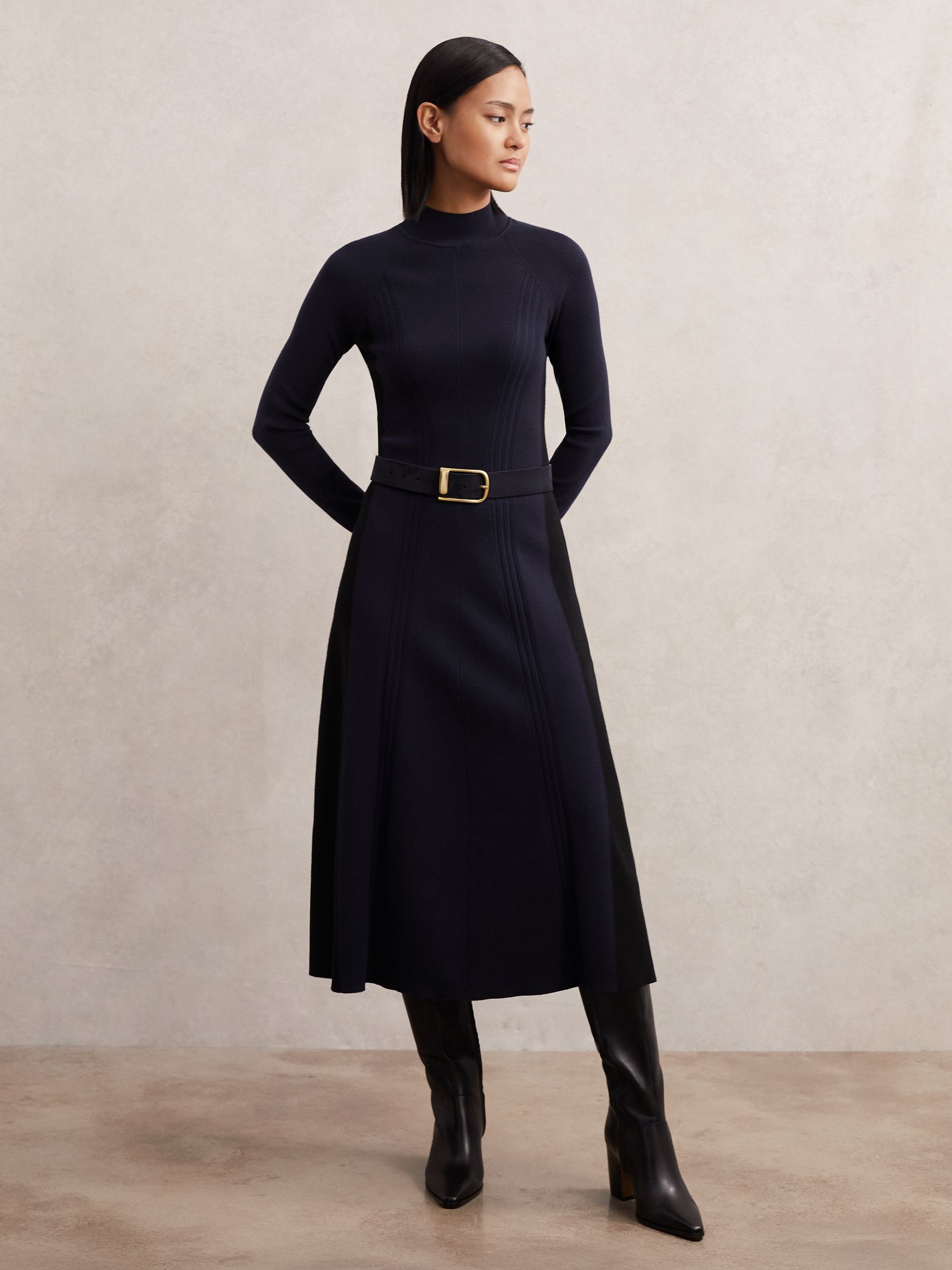 Knitted Contrast-Panel Midi Dress in Navy/Black (W48841) | 980 QAR