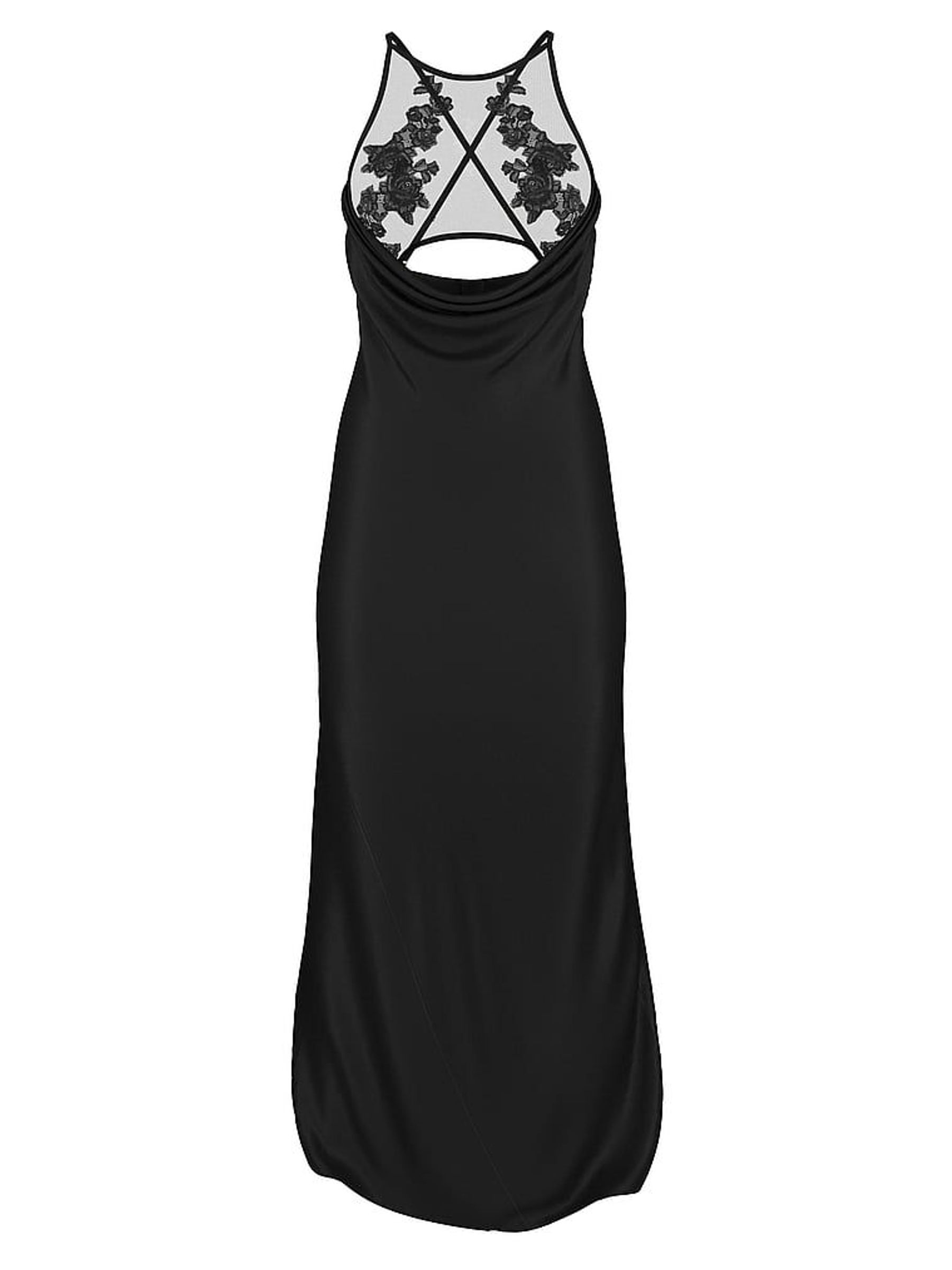 Black Sheer Rose Satin High Neck Long Slip Dress (W49906) | €108