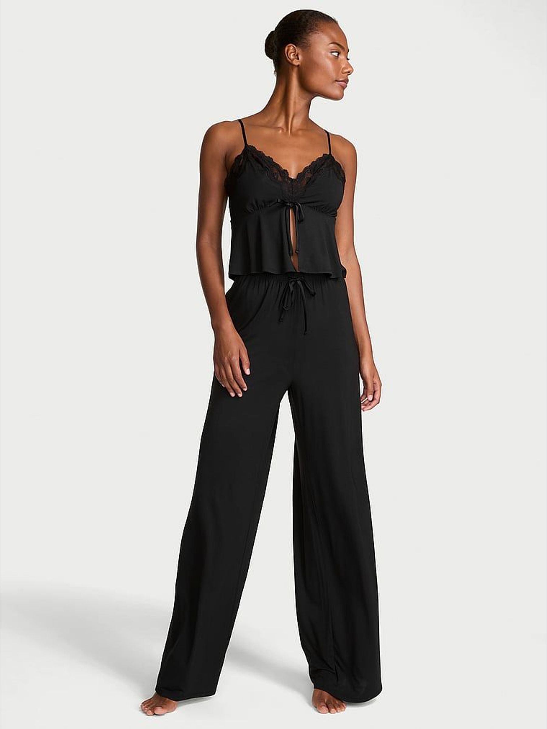 Black Modal Lace Trim Cami & Wide Leg Trouser Set (W50811) | €87