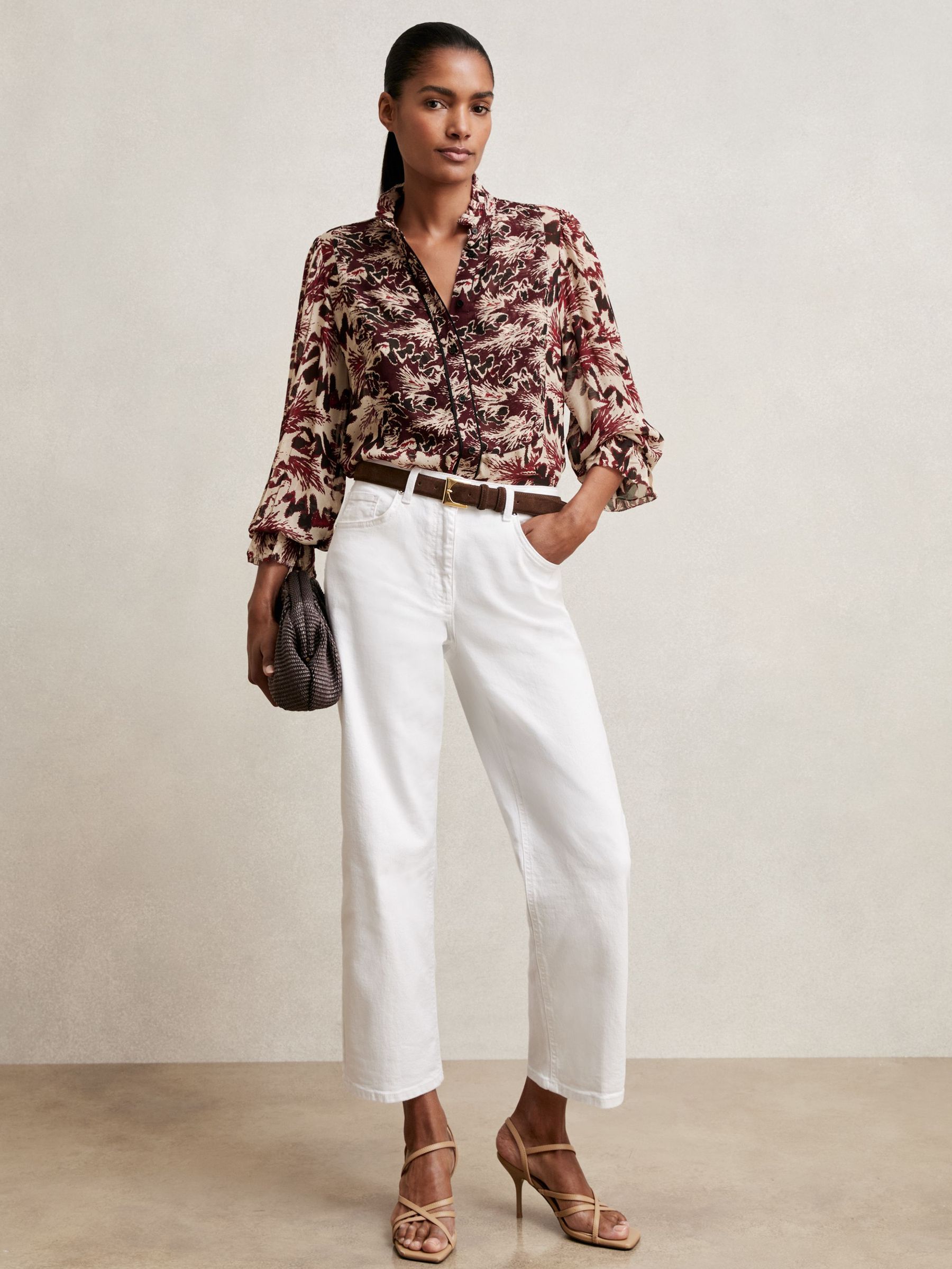 Abstract-Print Ruffle-Neck Shirt in Burgundy/Cream (W51458) | €195