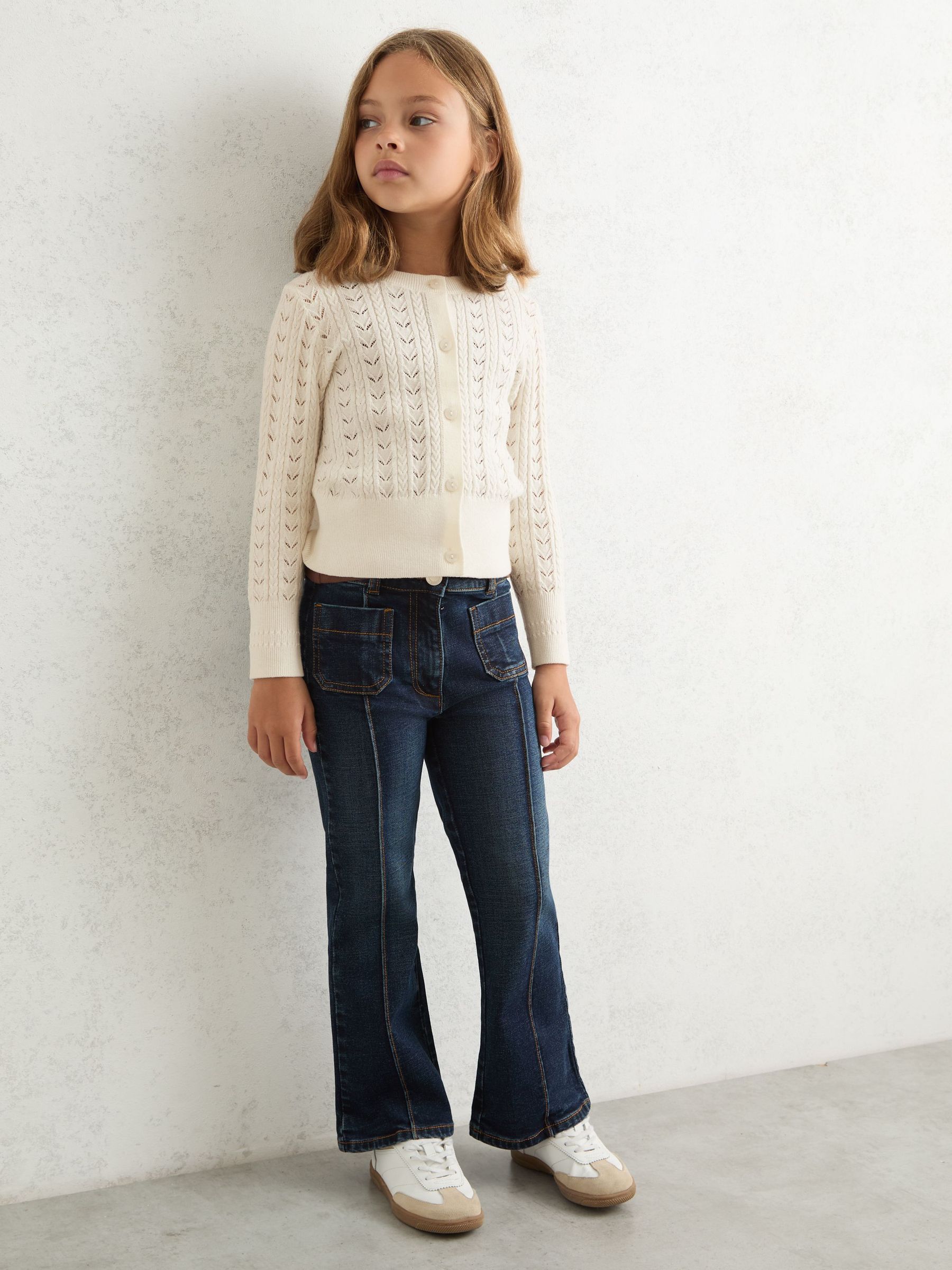 9-13 yrs Wool-Cotton Pointelle Cardigan in Ivory (W51463) | 260 QAR
