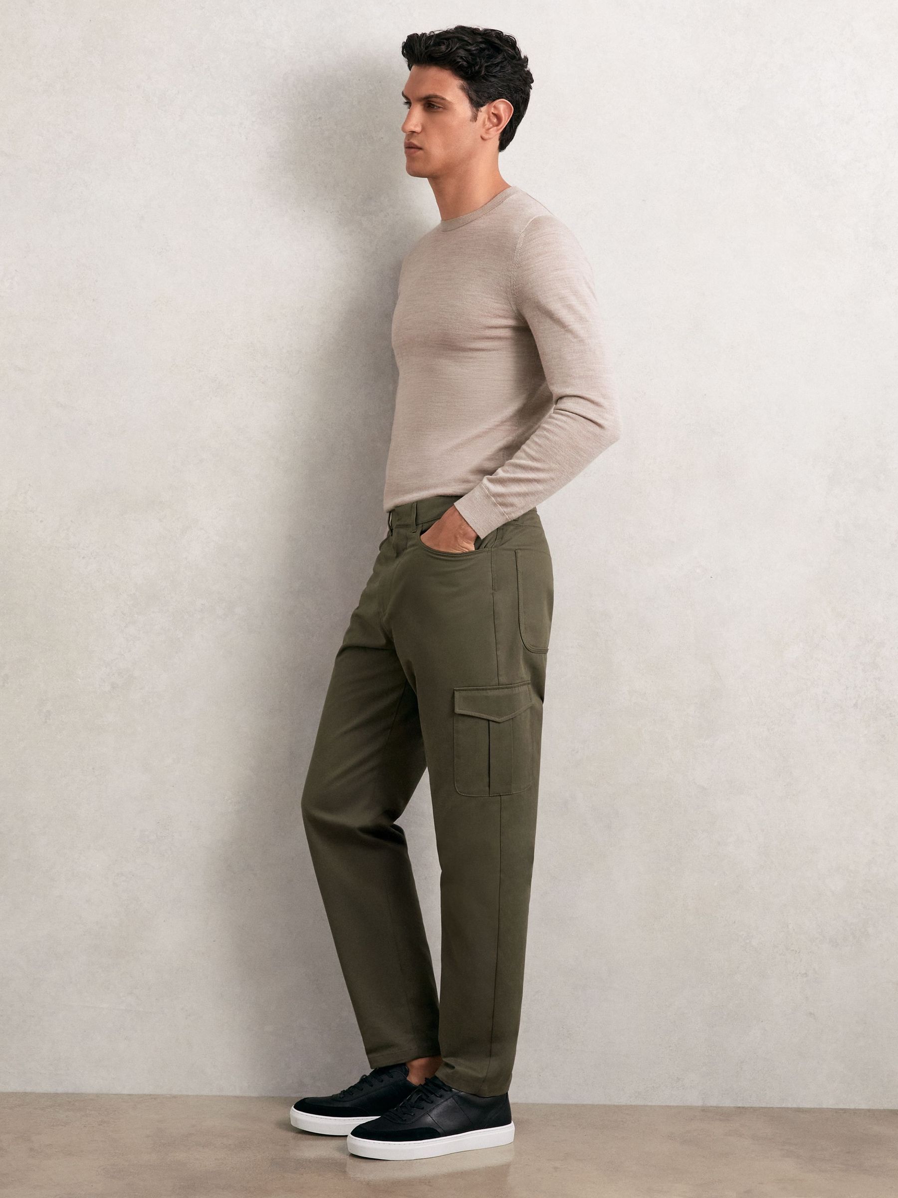 Cotton Tapered Cargo Trousers With Stretch in Olive Green (W51469) | 765 QAR