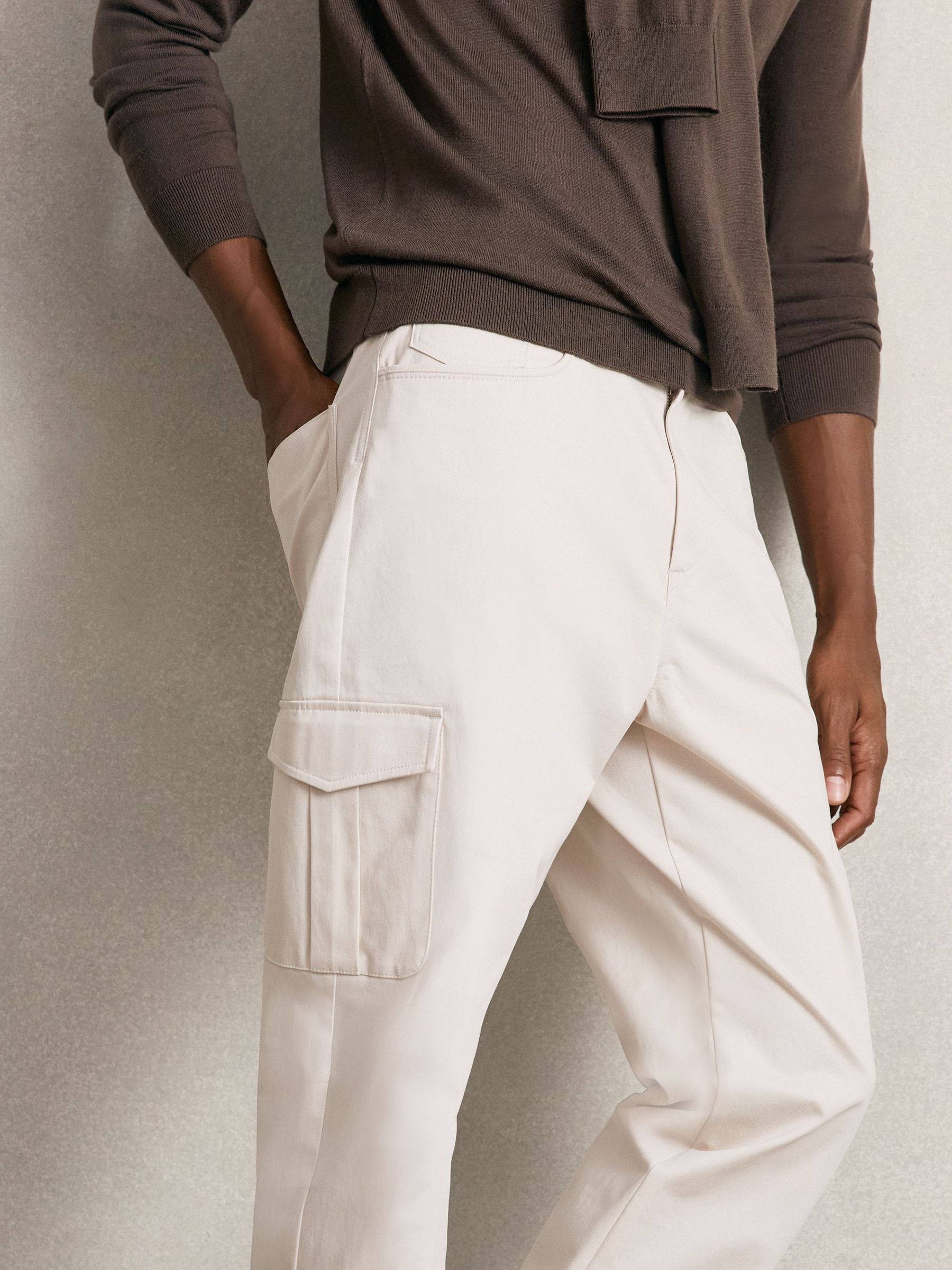 Cotton Tapered Cargo Trousers With Stretch in Stone (W51476) | 765 QAR