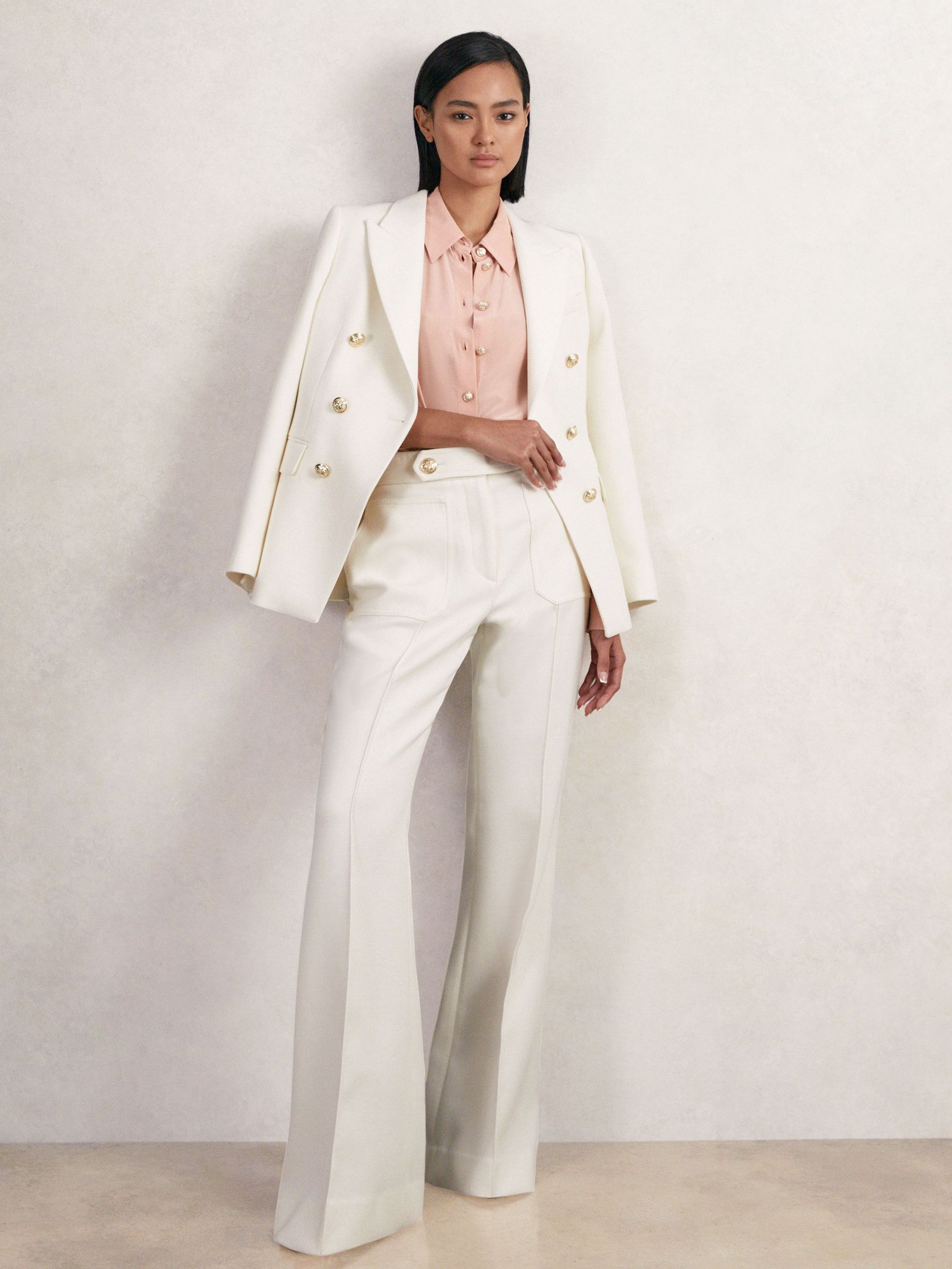 Petite Twill Button-Tab Flared Trousers With Wool in White (W51479) | CA$365