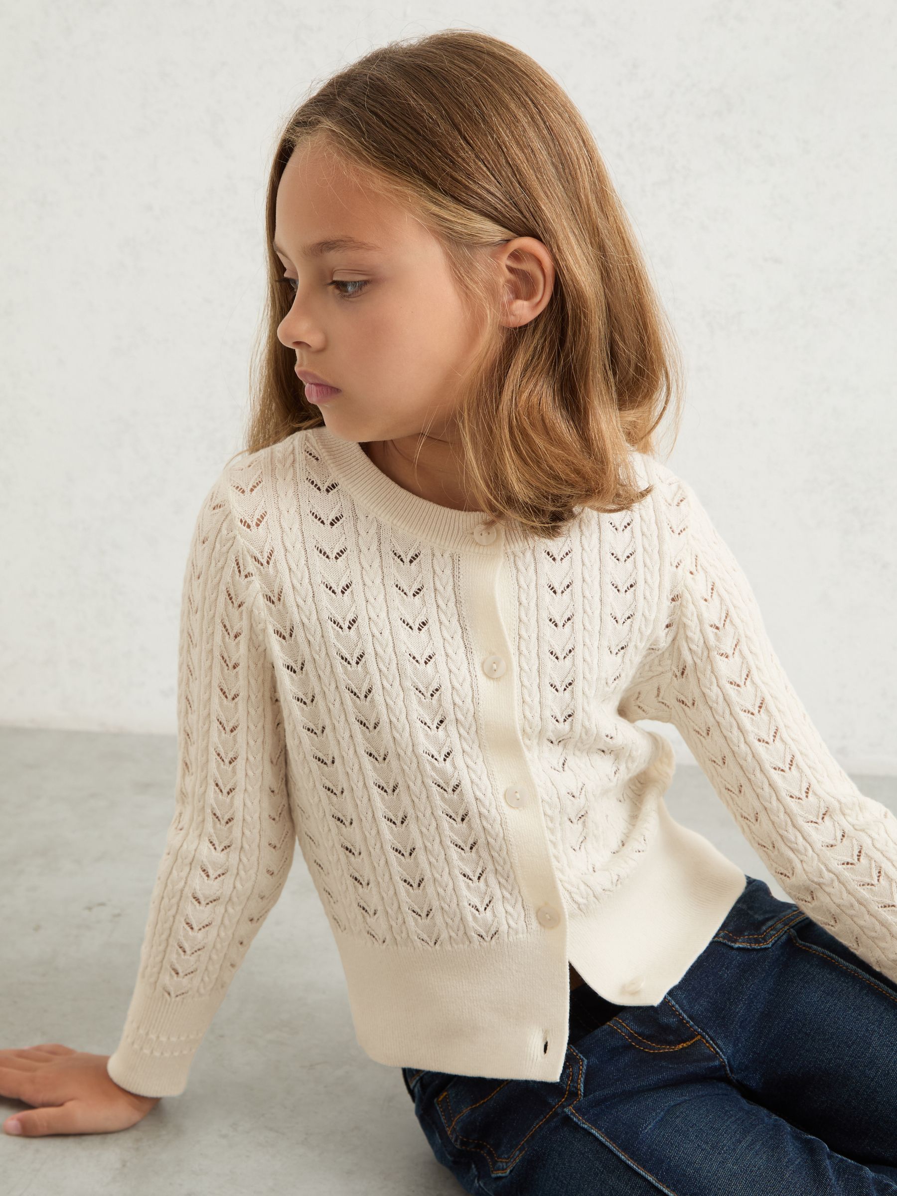 3-9 yrs Wool-Cotton Pointelle Cardigan in Ivory (W51484) | Kč1,435