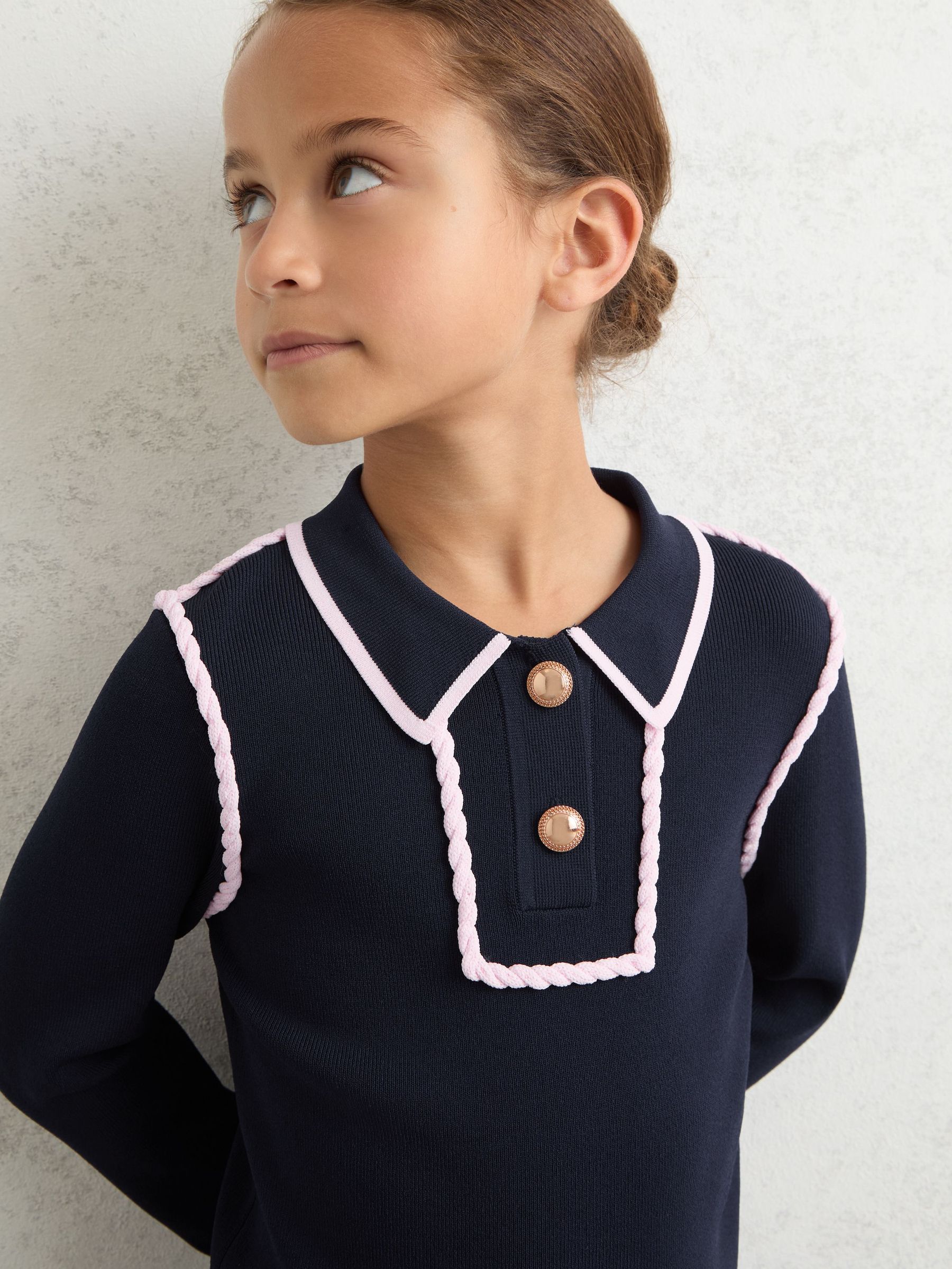 3-9 yrs Piped Knitted Collar Top in Navy (W51486) | 265 QAR