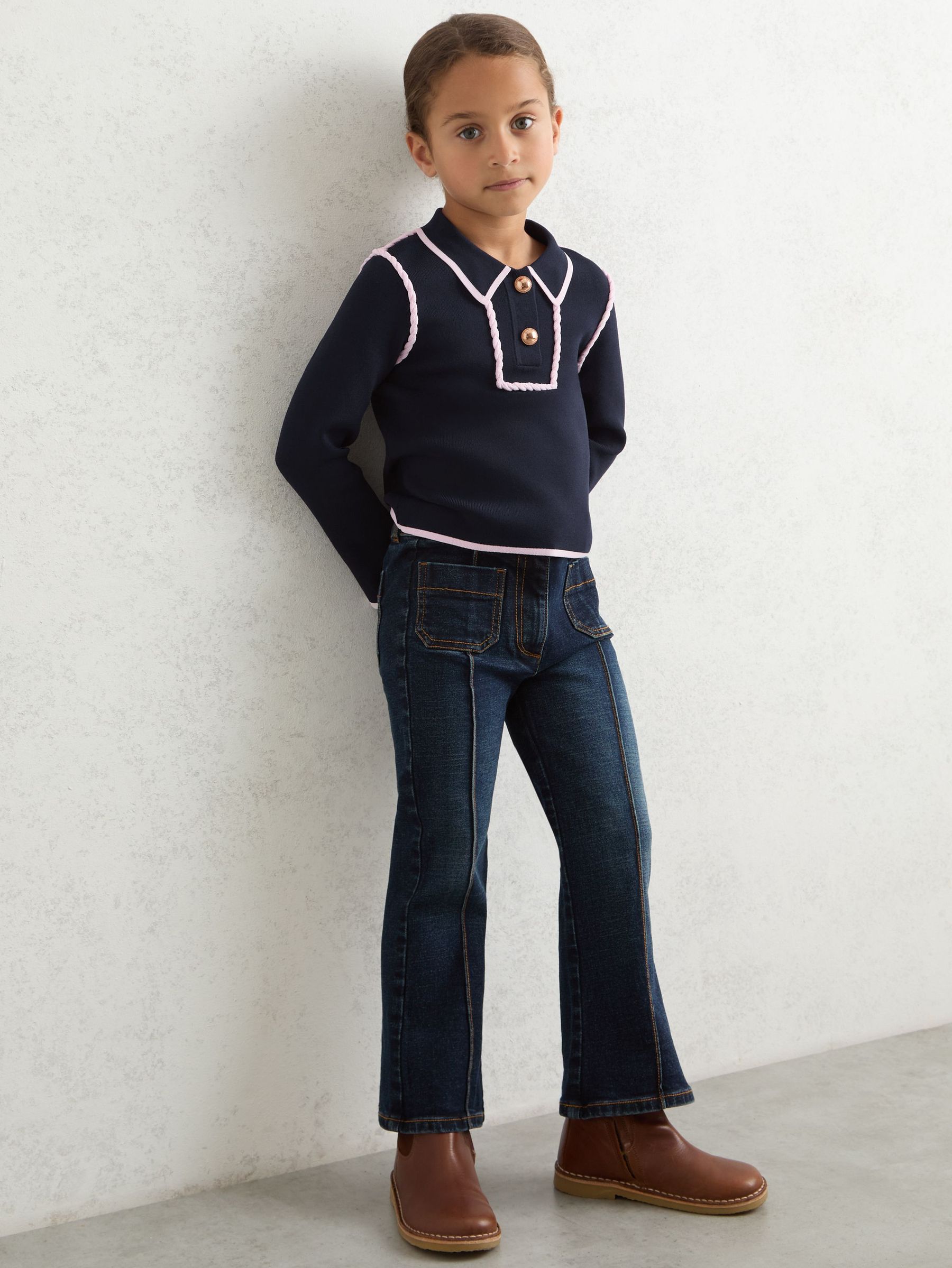 9-13 yrs Piped Knitted Collar Top in Navy (W51487) | 290 QAR