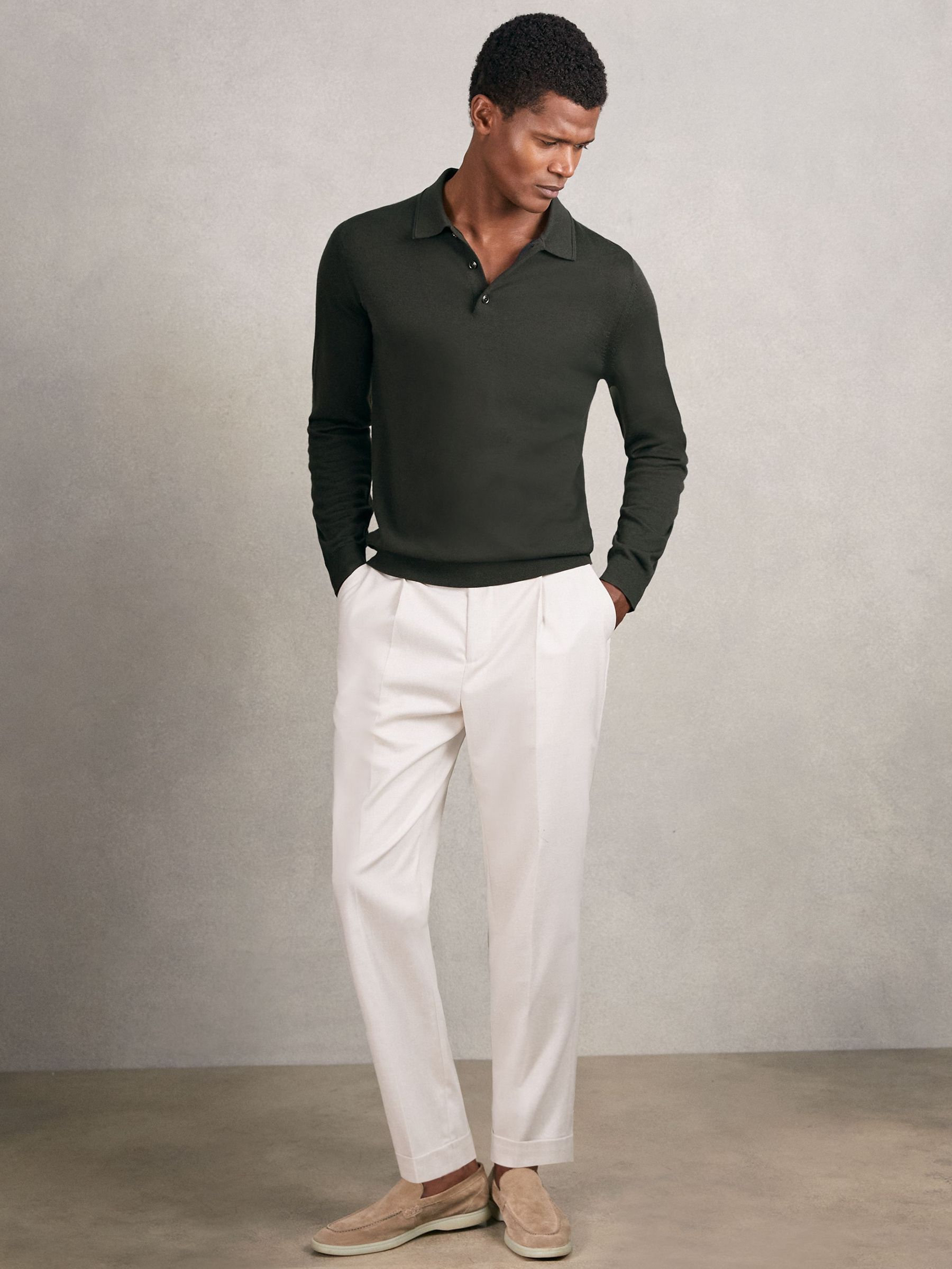 Merino Wool Long-Sleeve Polo Shirt in Dark Military Green (W51502) | 535 QAR