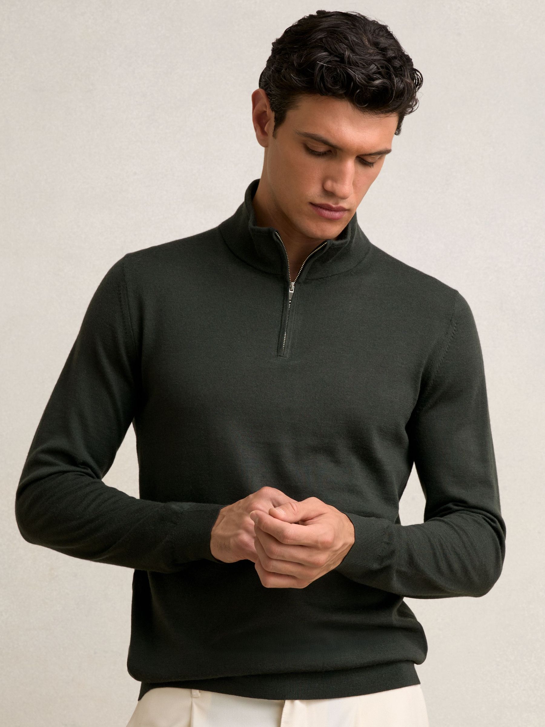 Merino Wool Half-Zip Jumper in Dark Military Green (W51504) | AED550