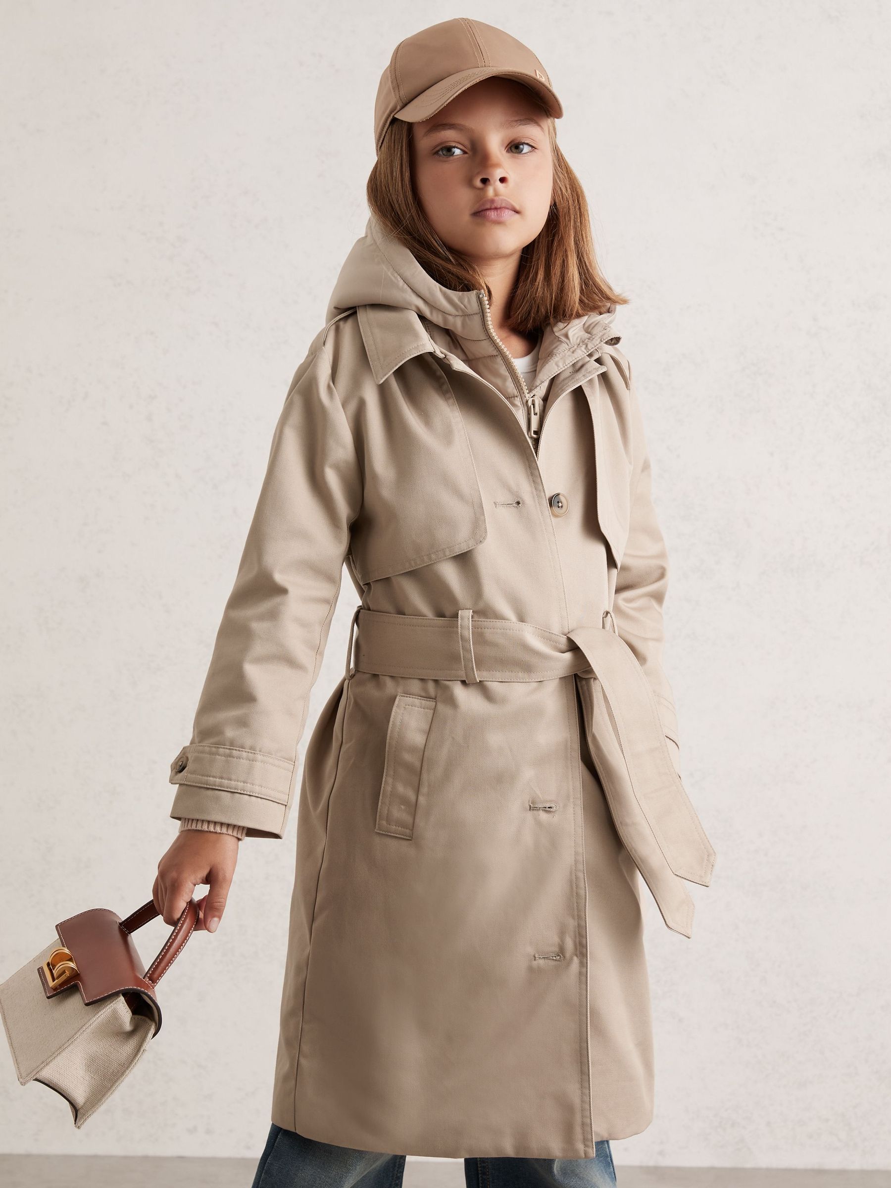 9-13 yrs Removable-Hood Trench Coat in Stone (W51508) | 655 QAR