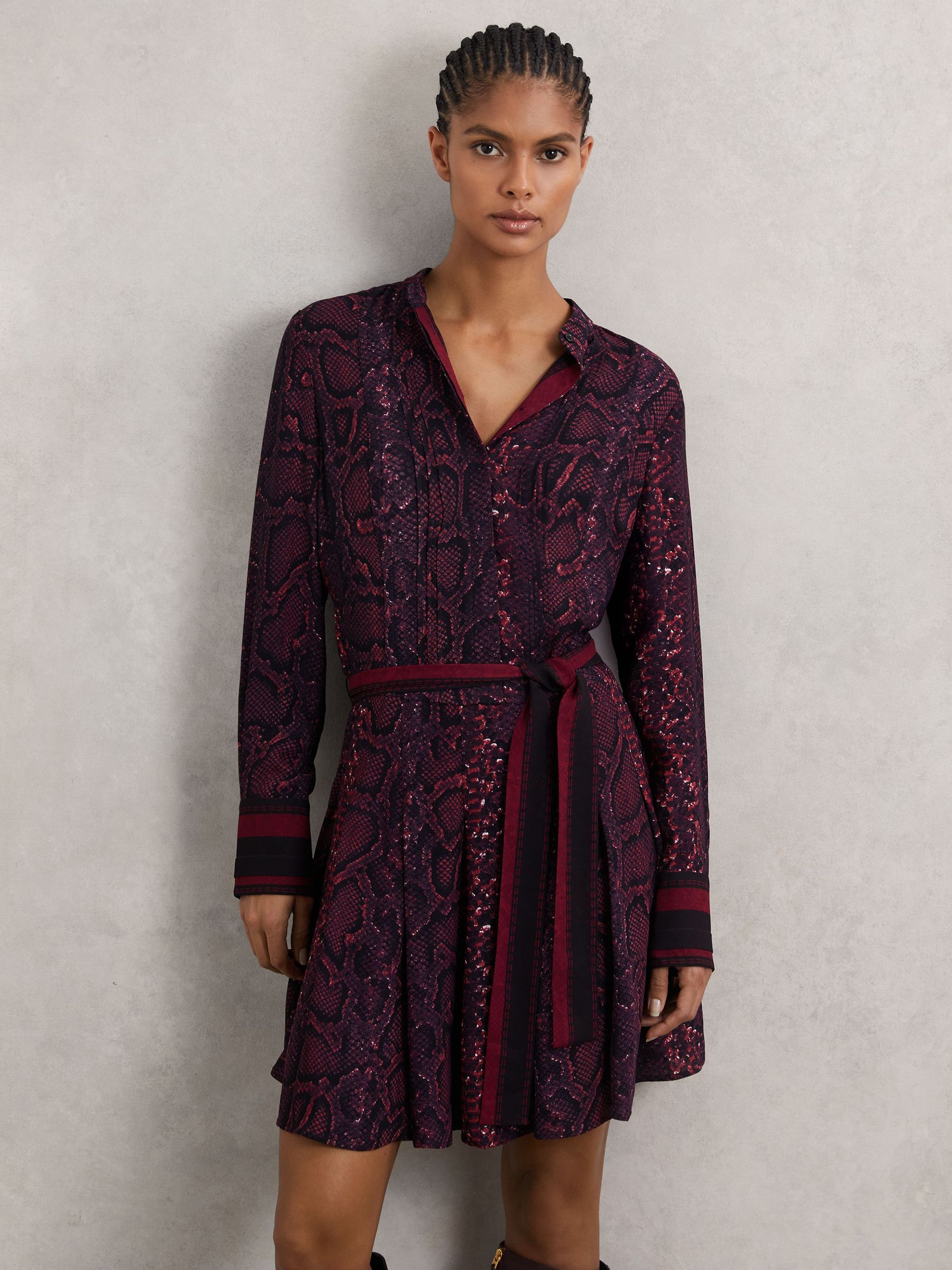 Snake-Print Belted Mini Dress in Burgundy/Black (W51515) | €255