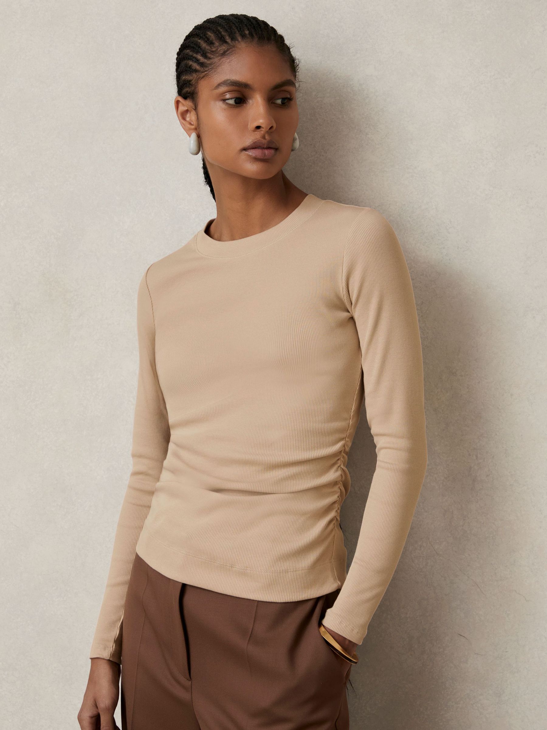 Cotton Long-Sleeve Ruched T-Shirt with Stretch in Camel (W51519) | $75