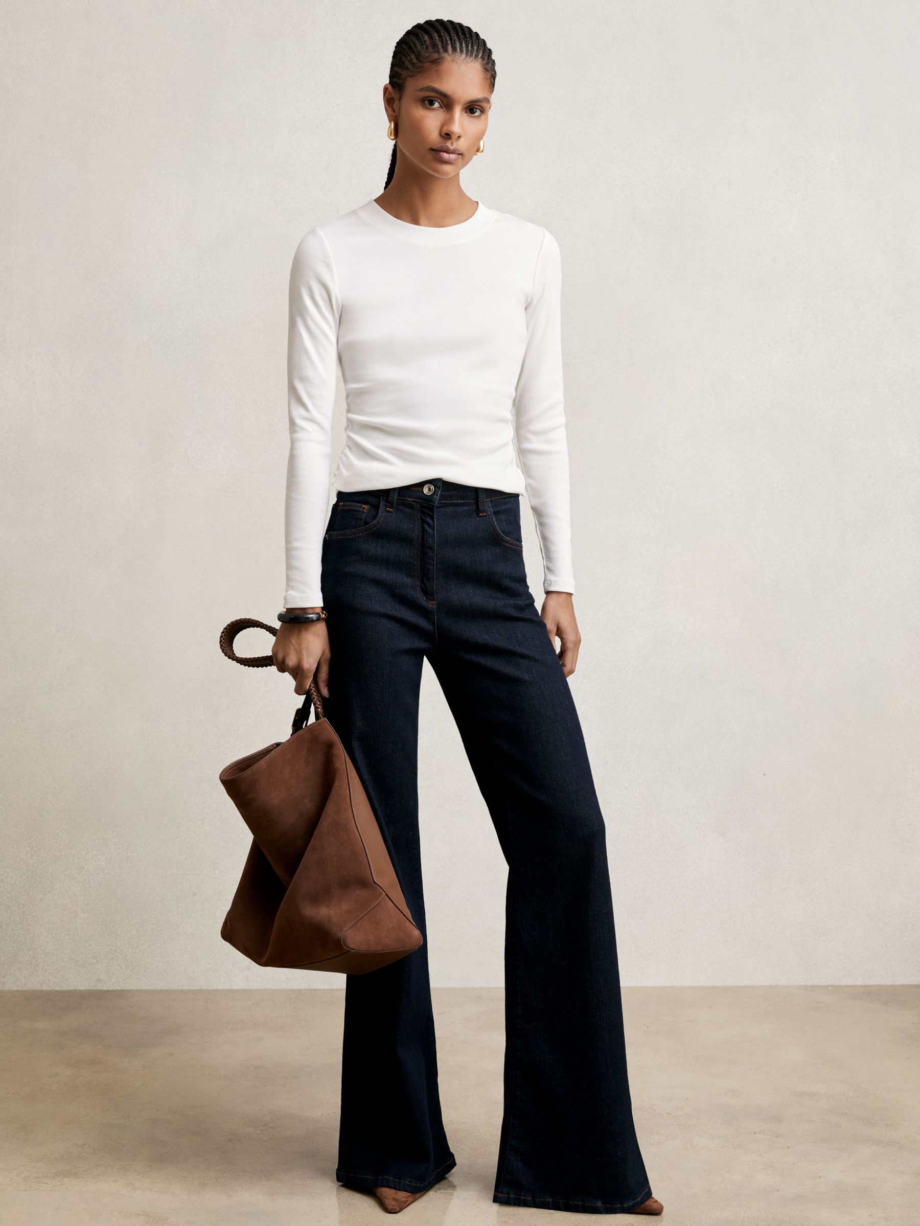 Cotton Long-Sleeve Ruched T-Shirt with Stretch in White (W51523) | €70