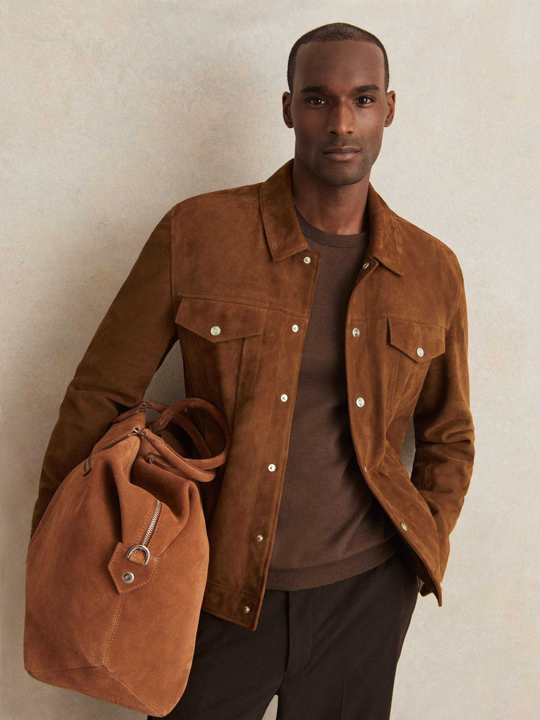 Suede Press Stud Trucker Jacket in Tobacco Brown (W51629) | HK$6,430