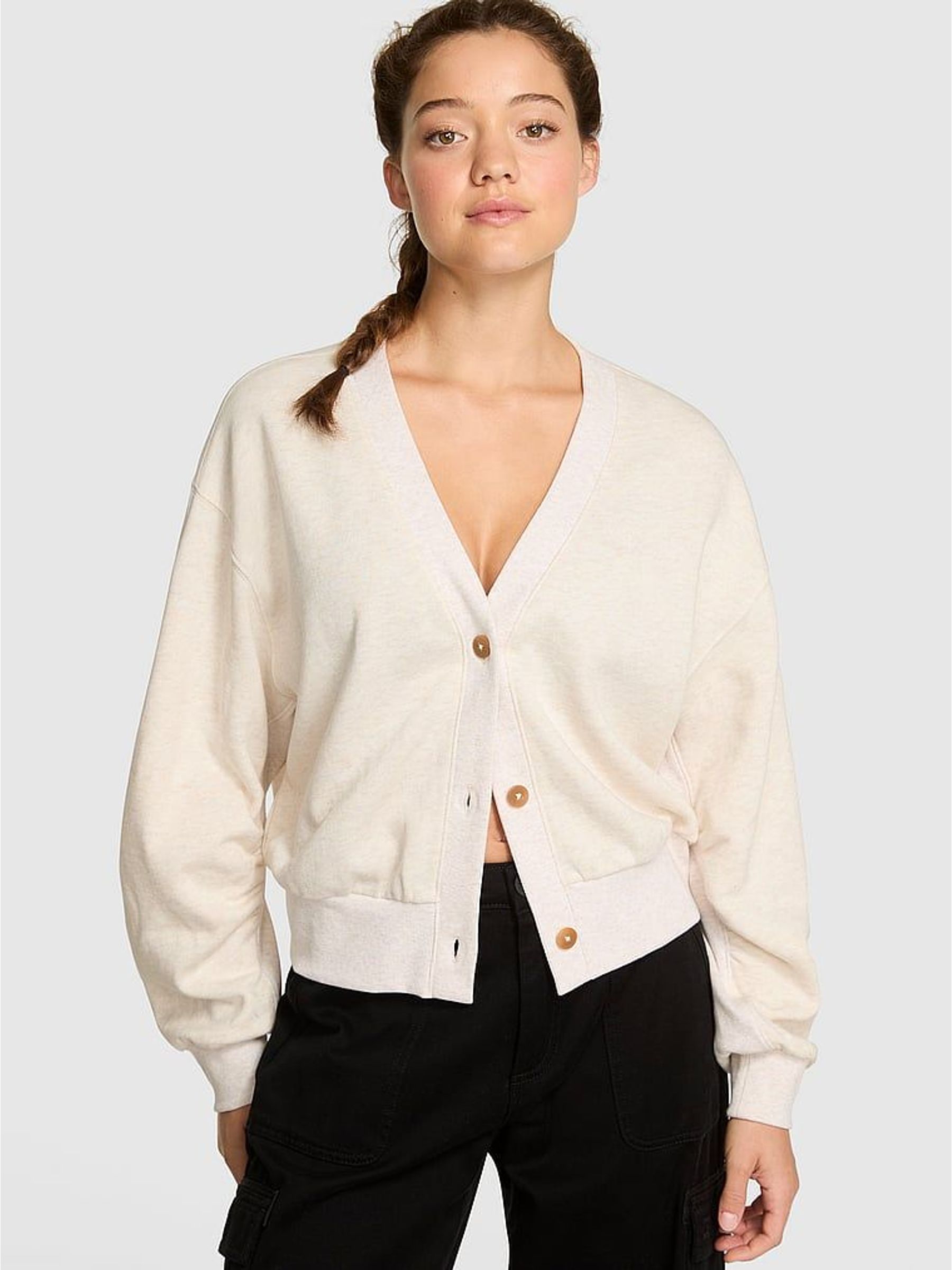 Natural Heather White Cropped Fleece Cardigan (W52747) | €62