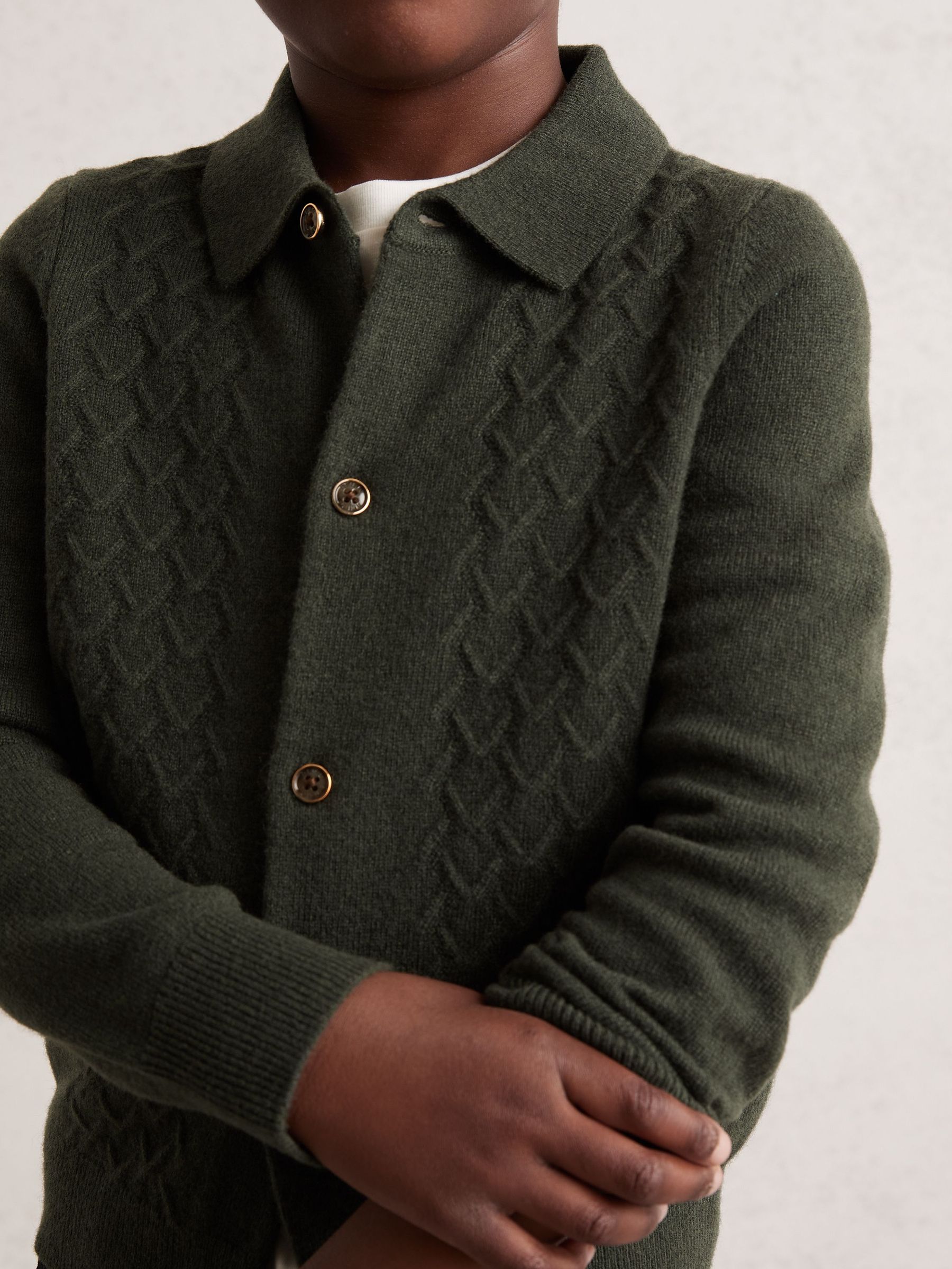 9-13 yrs Wool V-Stitch Button-Through Cardigan in Forest Green (W53912) | 240 QAR