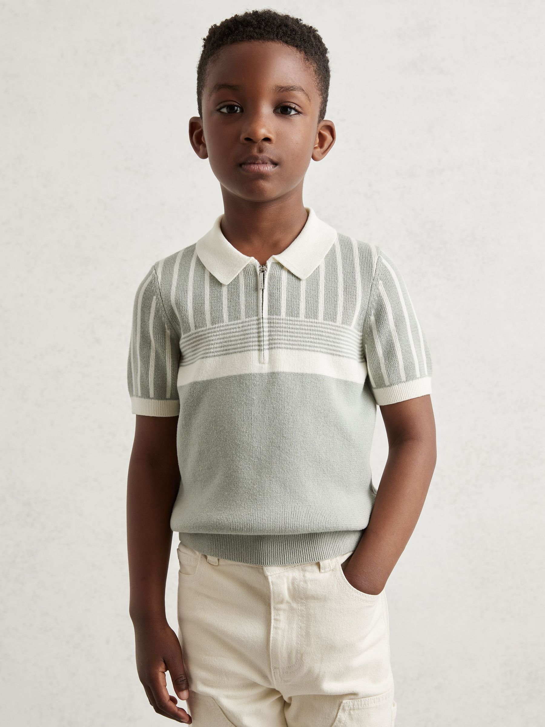9-13 yrs Cotton Stripe Knit Half-Zip Polo Shirt in Sage Green/Off White (W53916) | 255 SAR