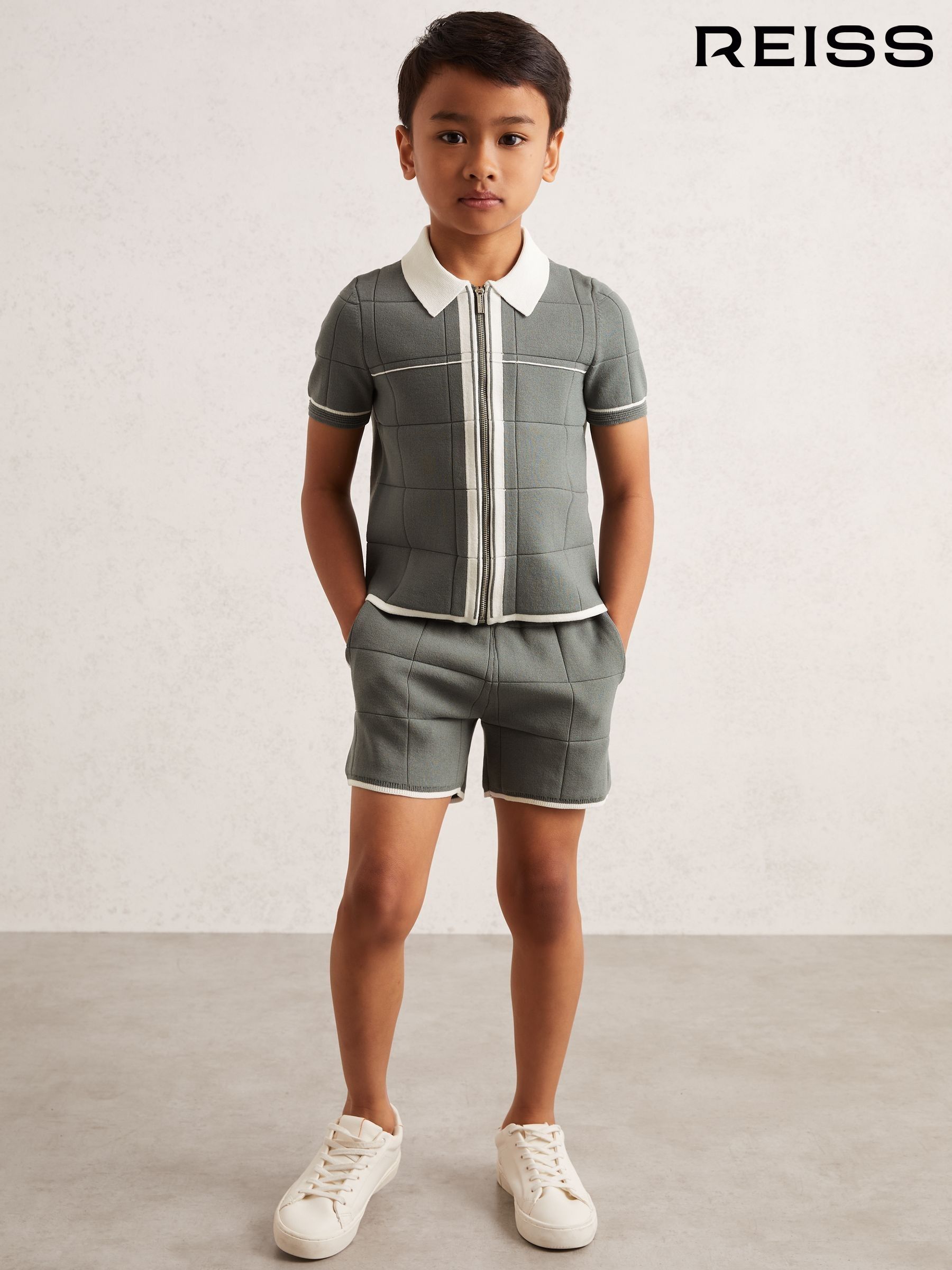 9-13 yrs Tipped Knit Zip-Through Shirt in Dark Sage Green (W53920) | CA$48
