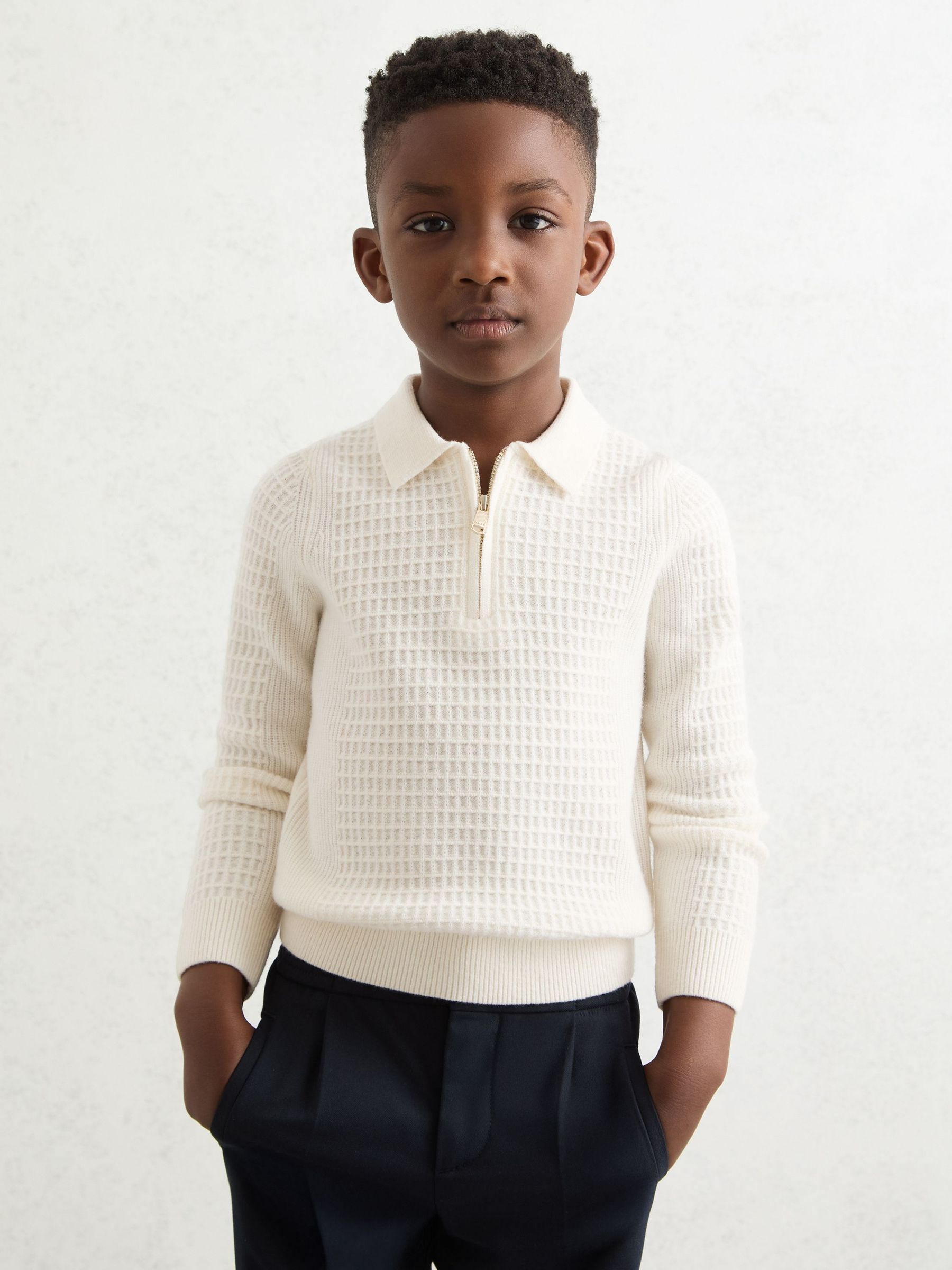 3-9 yrs Wool Waffle-Knit Half-Zip Polo Shirt in Off White (W53923) | ₪230