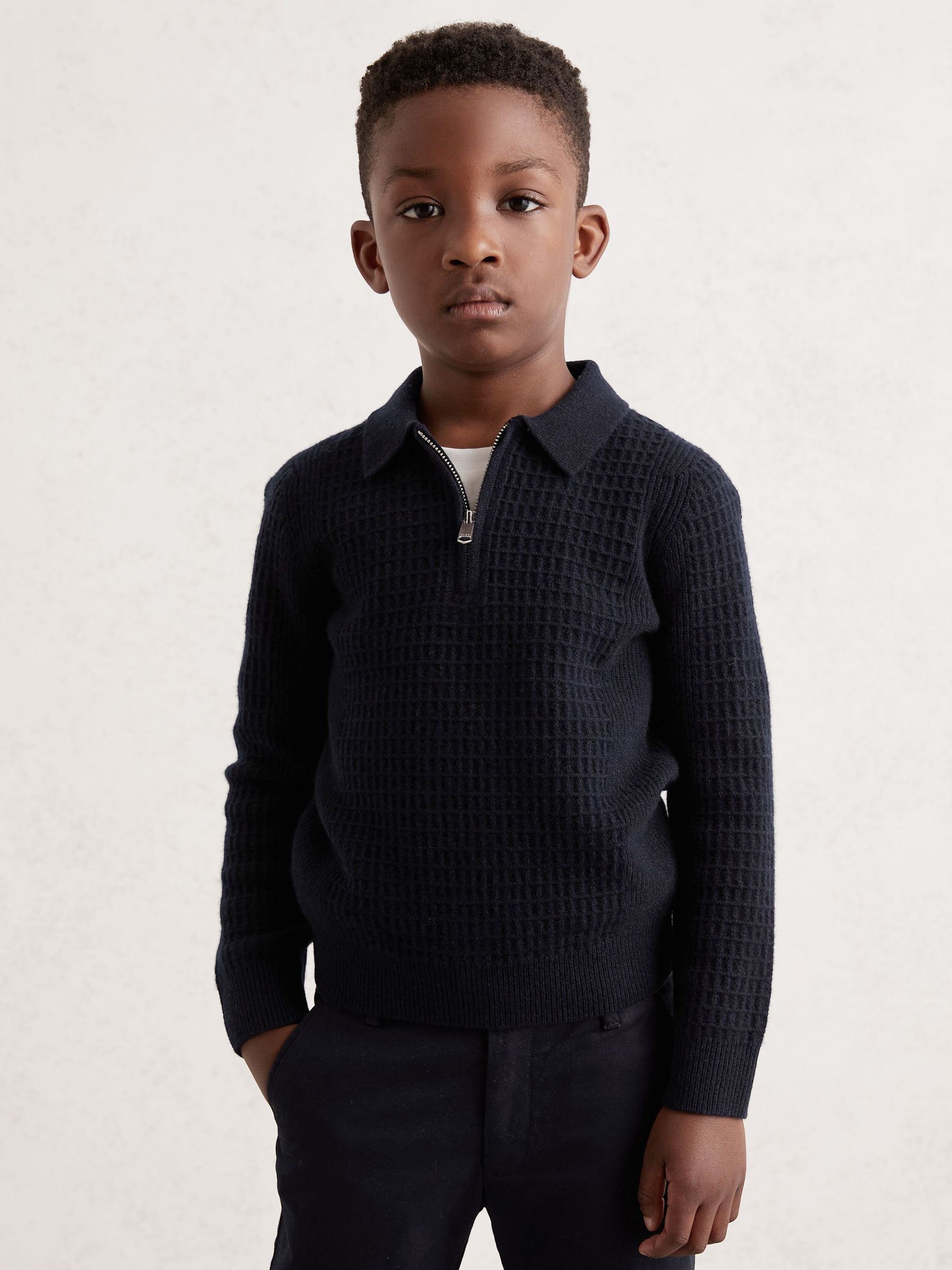 3-9 yrs Wool Waffle-Knit Half-Zip Polo Shirt in Navy Blue (W53932) | ₪230