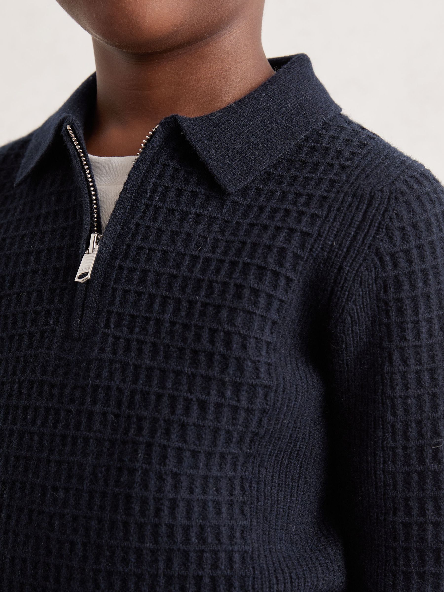 9-13 yrs Wool Waffle-Knit Half-Zip Polo Shirt in Navy Blue (W53935) | ₪255