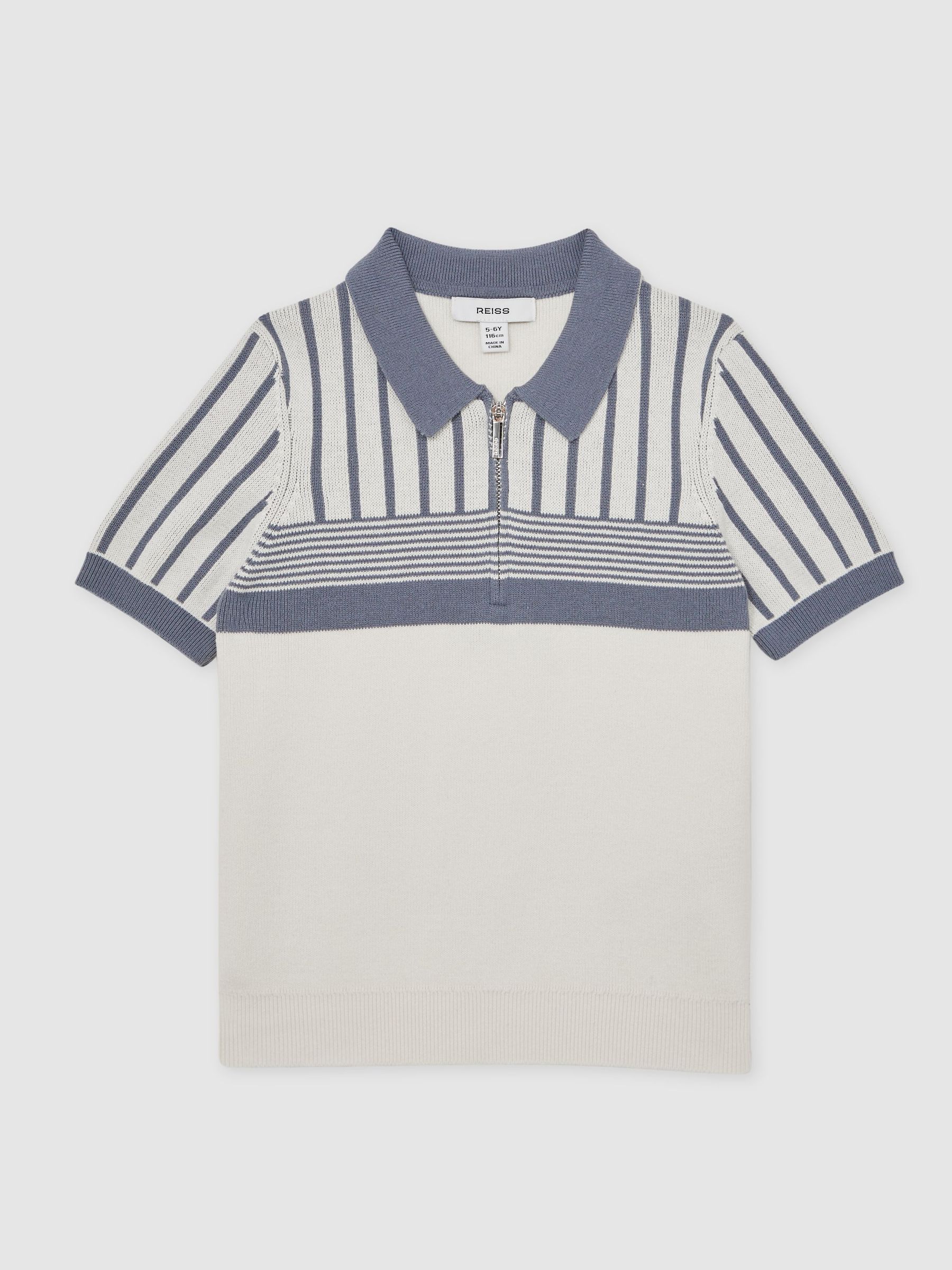 13-14 yrs Cotton Stripe Knit Half-Zip Polo Shirt in Off White/ Airforce Blue (W53941) | 255 QAR