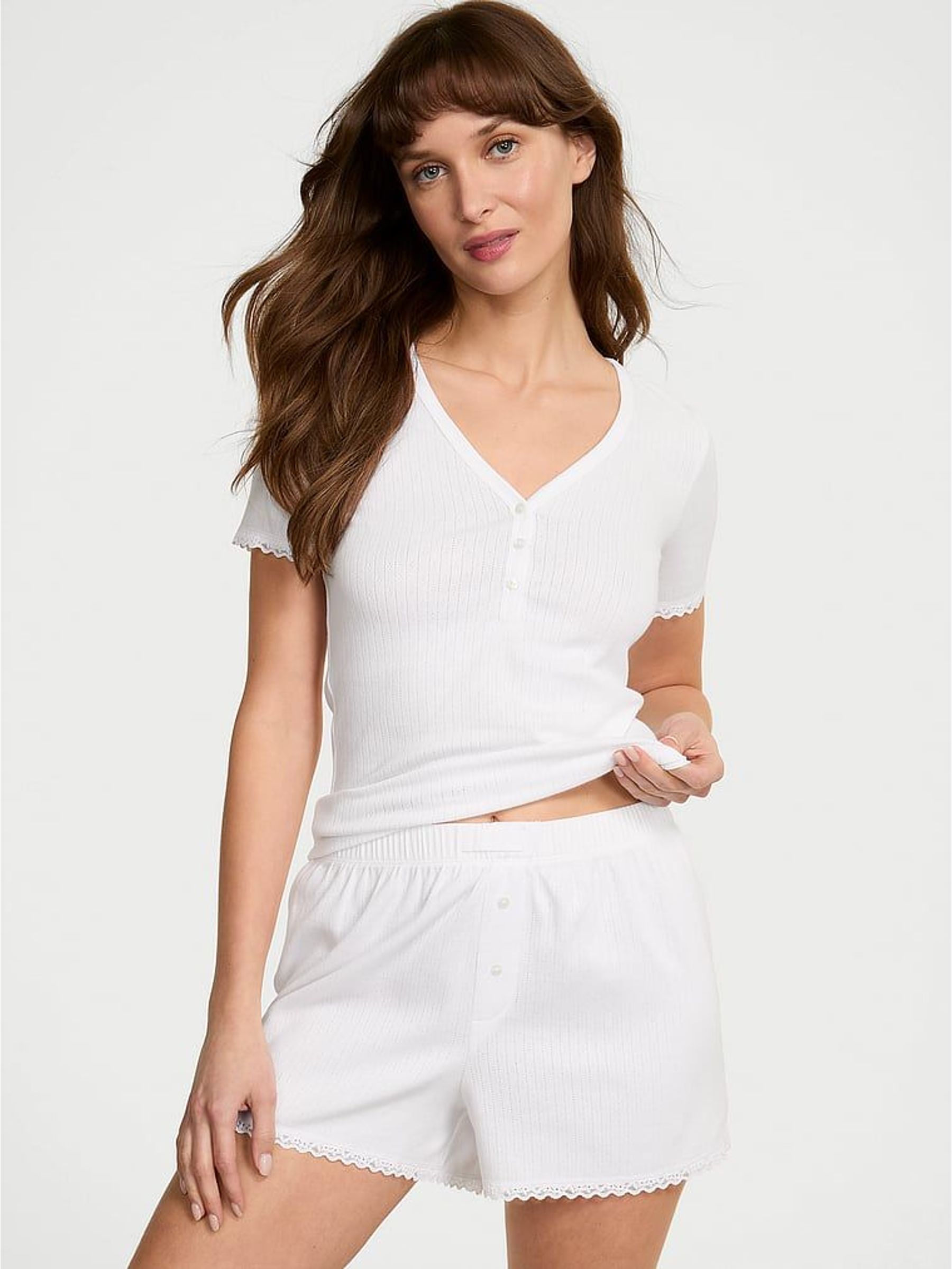 White Pointelle Henley Short Sleeve Pyjamas Set (W54791) | €50